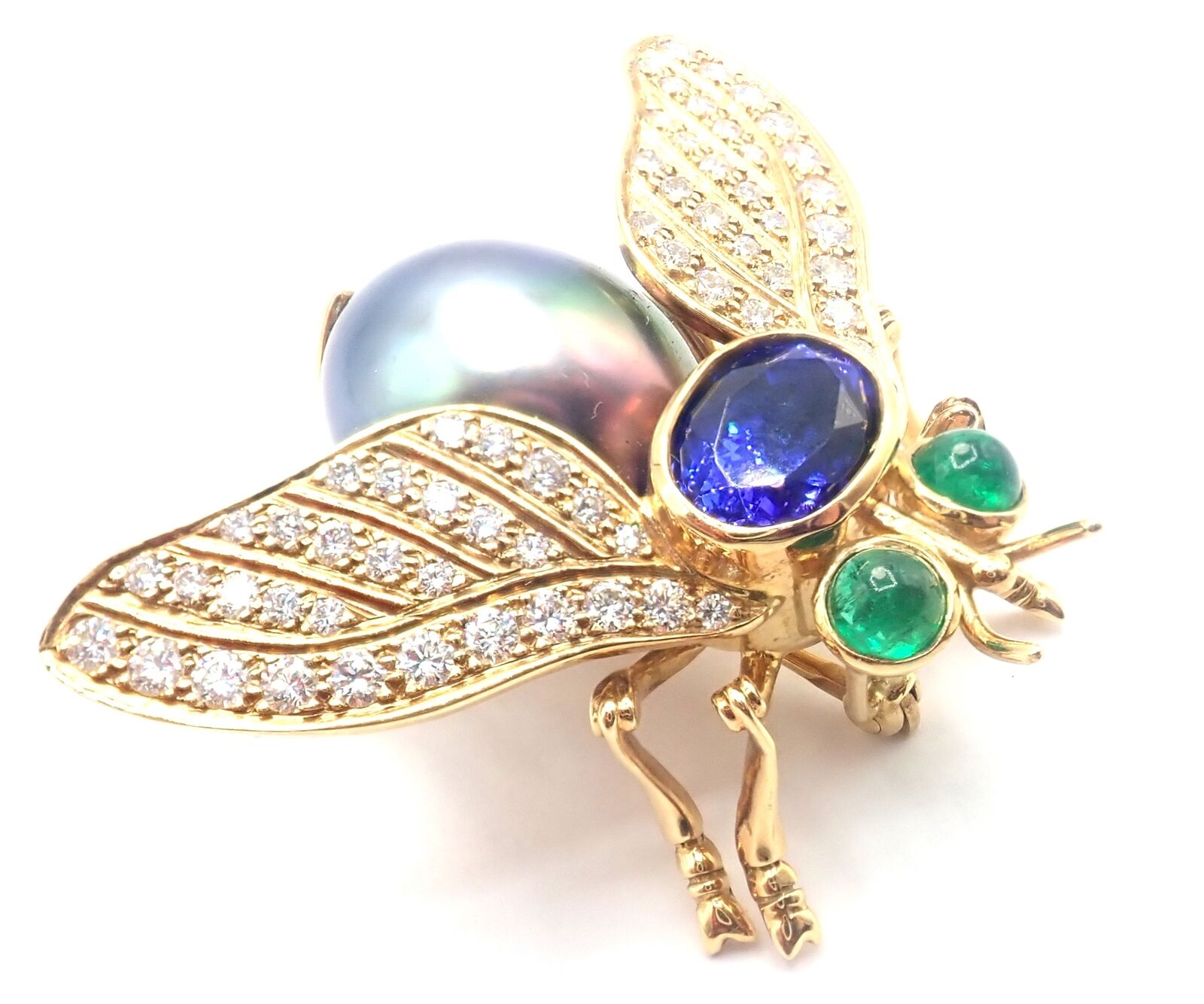Tiffany & Co 18k Gold Diamond Tahitian Pearl Tanzanite Emerald Fly Pin Brooch - Luxury Jewelry for Women, Perfect for Weddings, Parties & Special Occasions