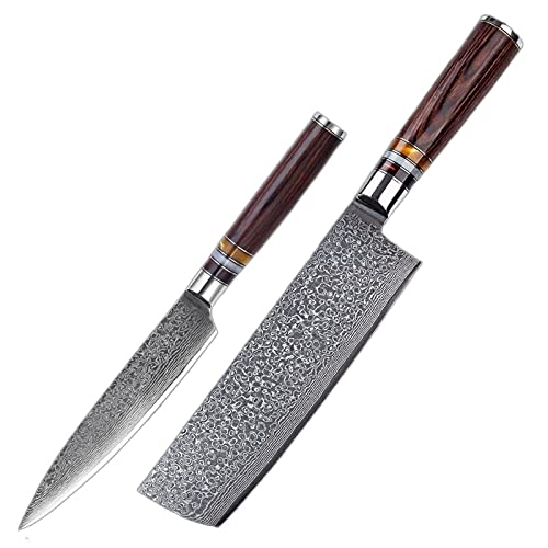 Premium 2-Piece Japanese VG10 Damascus Steel Kitchen Knife Set - 67-Layer Forged Chef & Utility Knives with Pakka Wood Handle & Gift Box - Perfect for Home Cooking, Professional Chefs & Culinary Enthusiasts