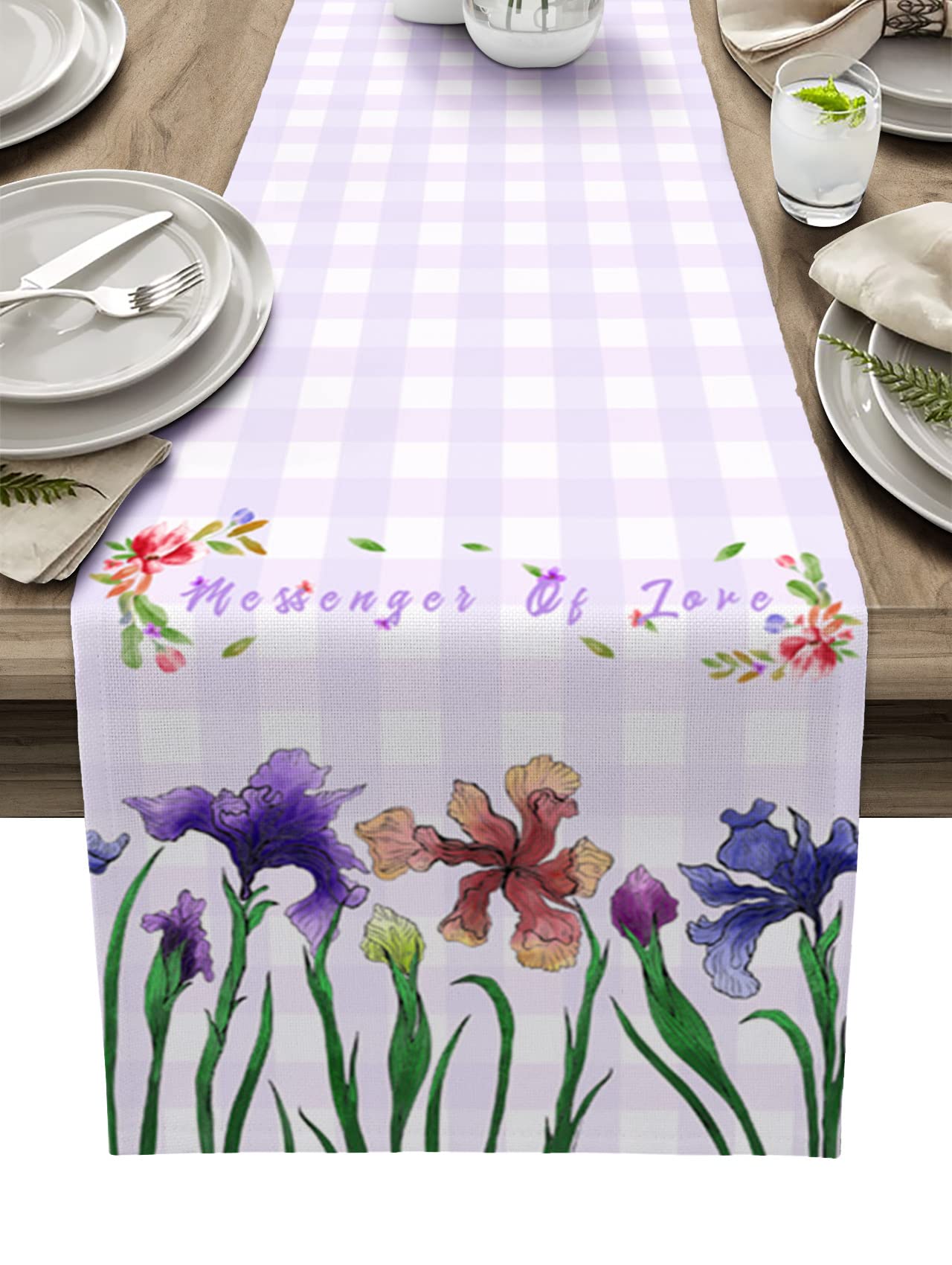 Purple Buffalo Plaid Iris Watercolor Table Runner - 36 Inch Kitchen Dining Table Decor for Wedding, Party, Indoor & Outdoor Home Use - Elegant Table Cloth for Everyday Meals & Special Occasions