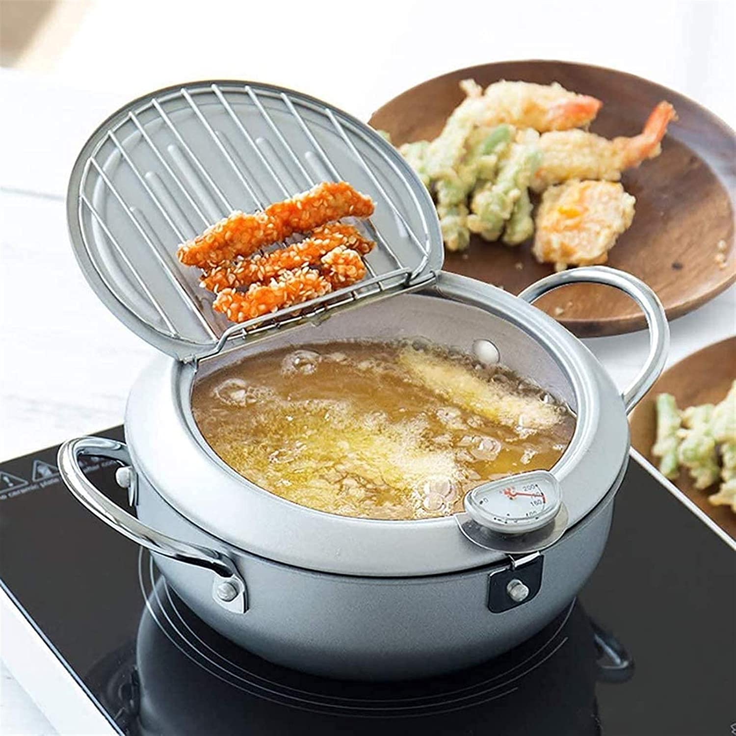 Stainless Steel Casserole Dish with Lid - Nonstick Soup Pot, Deep Fryer for Tempura & French Fries, Japanese Style with Thermometer - Oil-Free Cooking for Home Kitchen | Perfect for Chicken, Fries & Healthy Meals