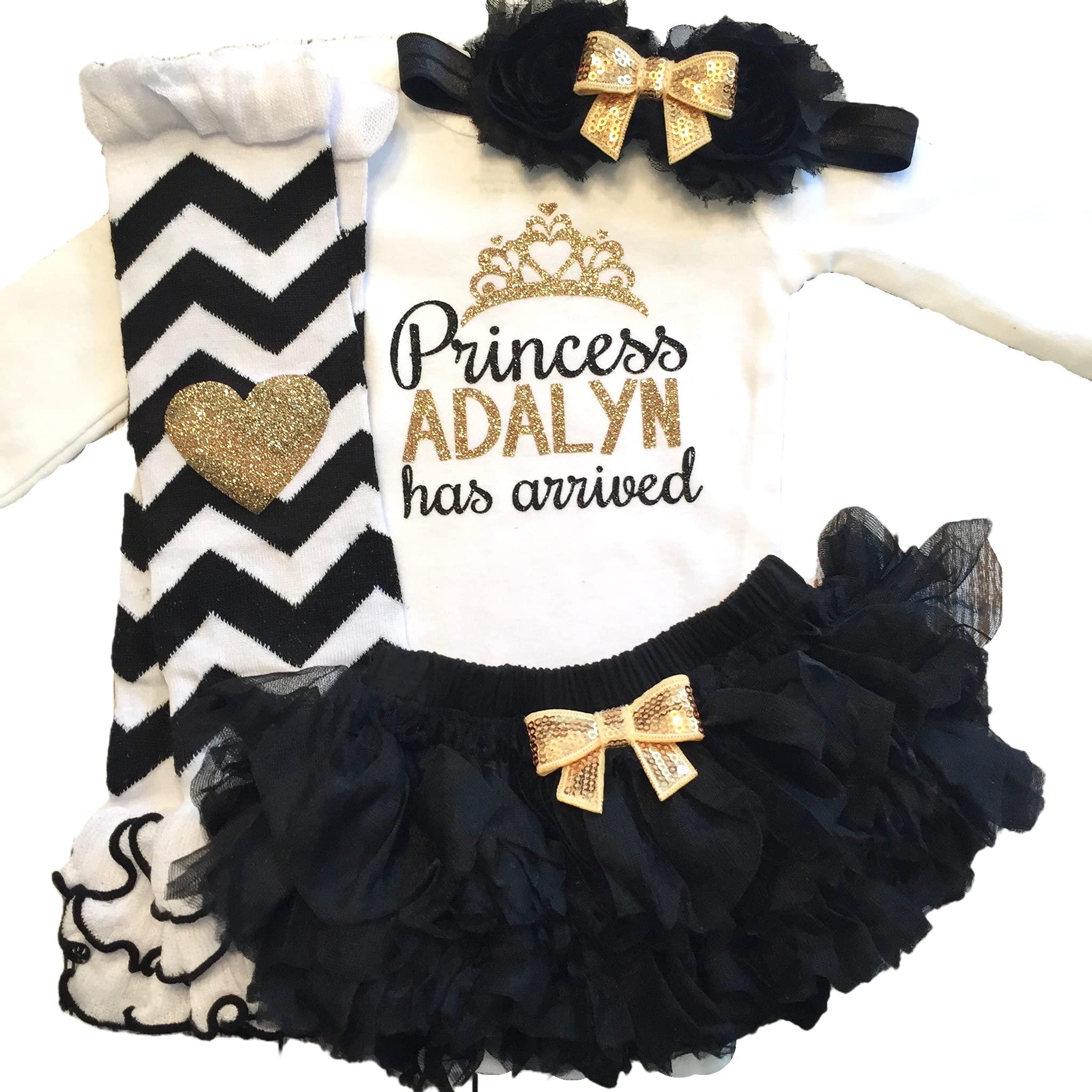 Personalized Baby Girl Take Home Outfit Set - Custom Name, Tutu Bloomers, Headband & Leg Warmers (Black + Gold) | Newborn Photo Shoot, Christening Gift, Princess-Themed Birthday Party