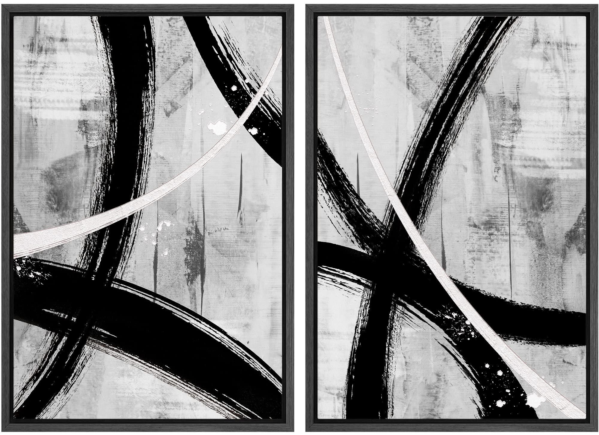 Modern Abstract Framed Canvas Wall Art Set - Black & White Paint Stroke Circle Collage Contemporary Decor for Living Room, Bedroom, Office - 16x24 Inches (Set of 2) | Perfect for Home Decor, Housewarming Gifts & Office Wall Art
