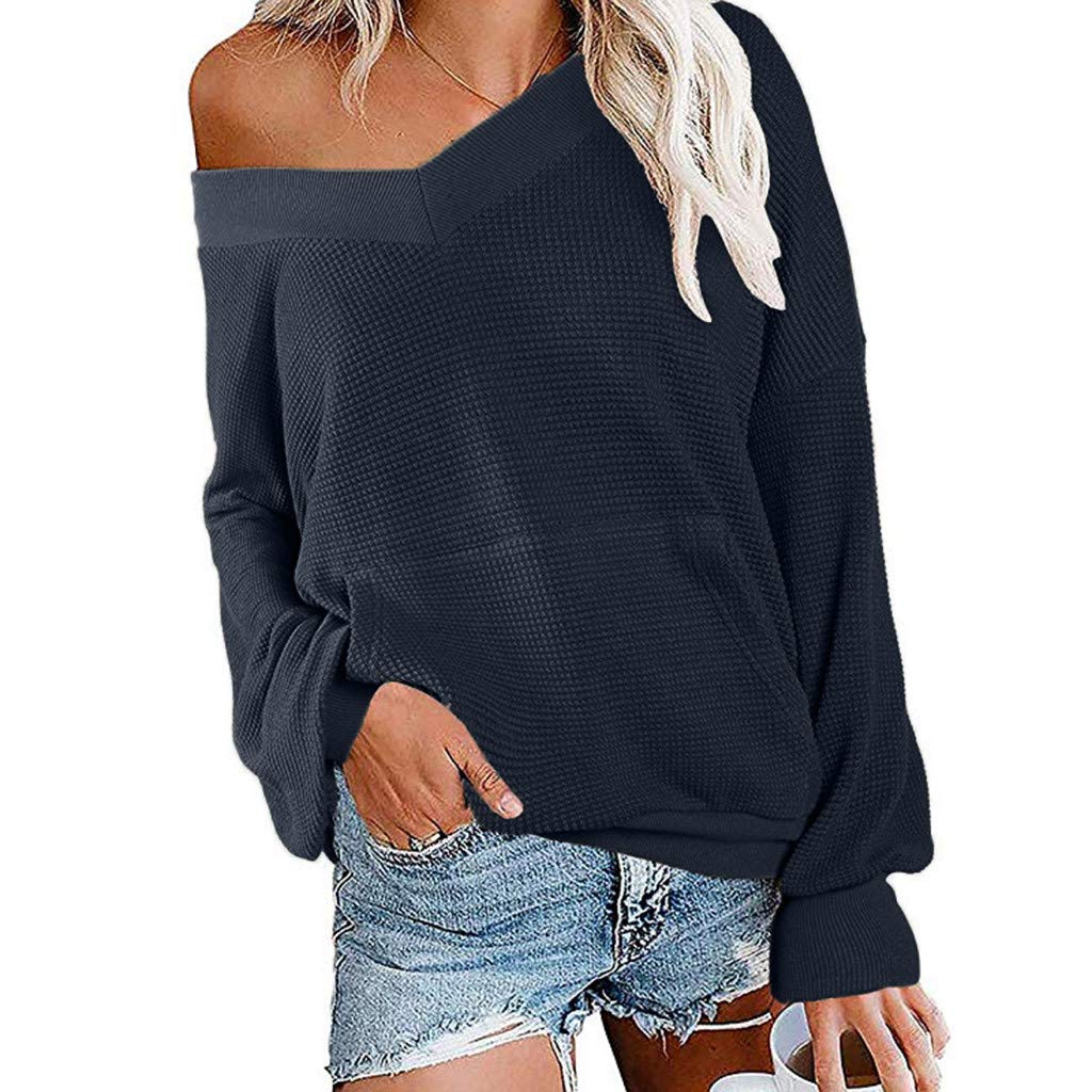 WOCACHI Women's Off Shoulder V-Neck Pullover Sweater - Solid Color Waffle Knit Long Sleeve Loose Jumper Top for Casual Wear, Date Night & Fall Fashion