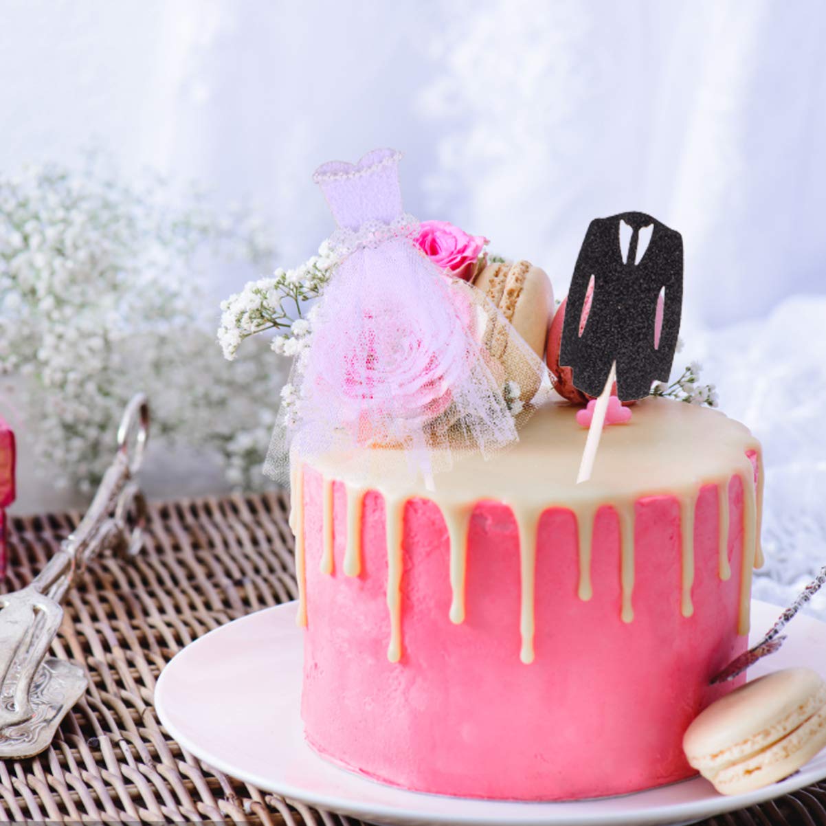 Elegant Hemoton Wedding Cake Toppers Set of 5 - Baby Shower Cupcake Decorations, Gauze Skirt Yarn Picks for European & American Brides - Perfect for Wedding Parties, Baby Showers & Special Celebrations