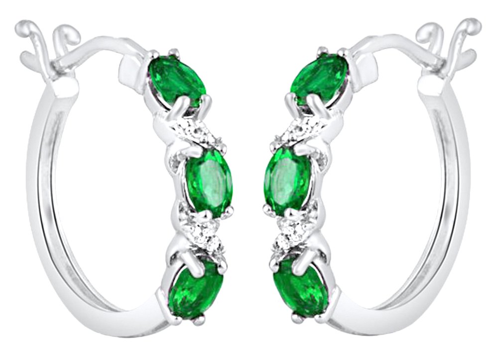 14K Gold Over Sterling Silver Oval Cut Simulated Green Emerald & White Sapphire Hoop Earrings for Women - Elegant Jewelry Gift for Weddings, Parties & Special Occasions