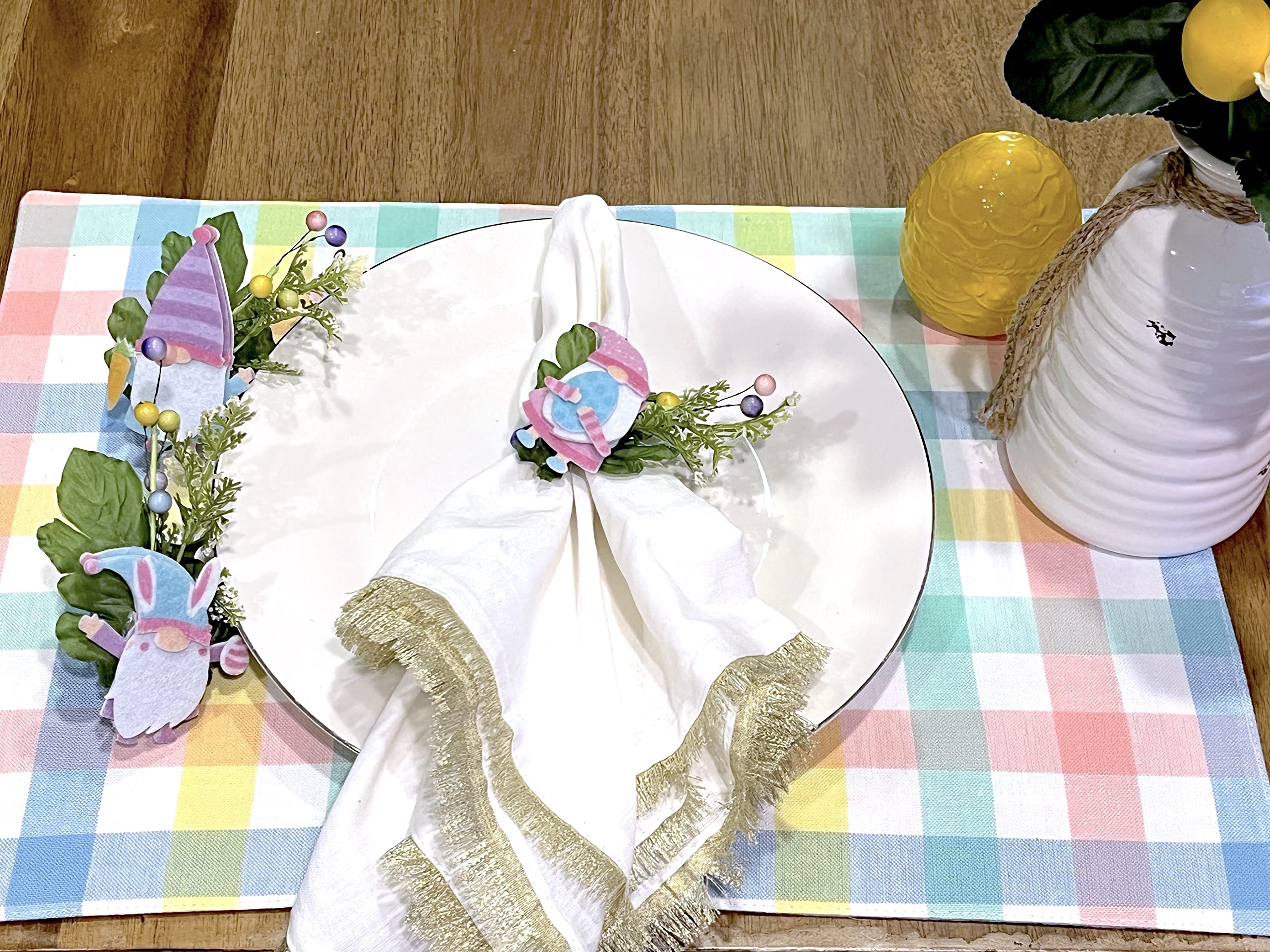 Easter Gnome Napkin Rings Set of 6 - Spring Floral Decor with Pink, Green, Blue & Yellow Bunnies - Perfect for Easter Table Settings, Spring Parties & Home Decor