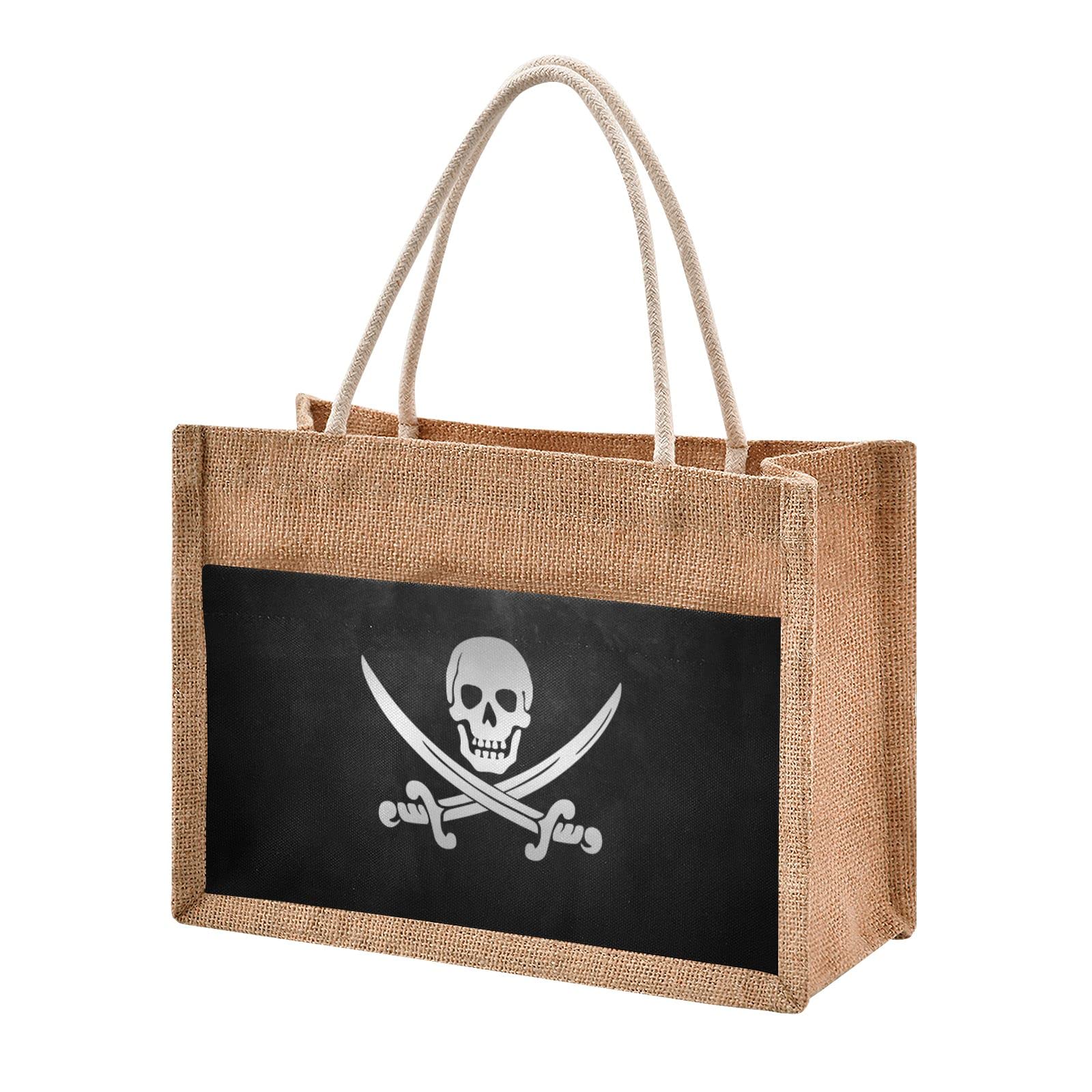 Linqin Pirate Skull Jute Tote Bag - Waterproof Burlap Straw Grocery Shopping Bag for Women & Men - Eco-Friendly Reusable Beach Tote for Travel, Market, Picnics & Daily Use