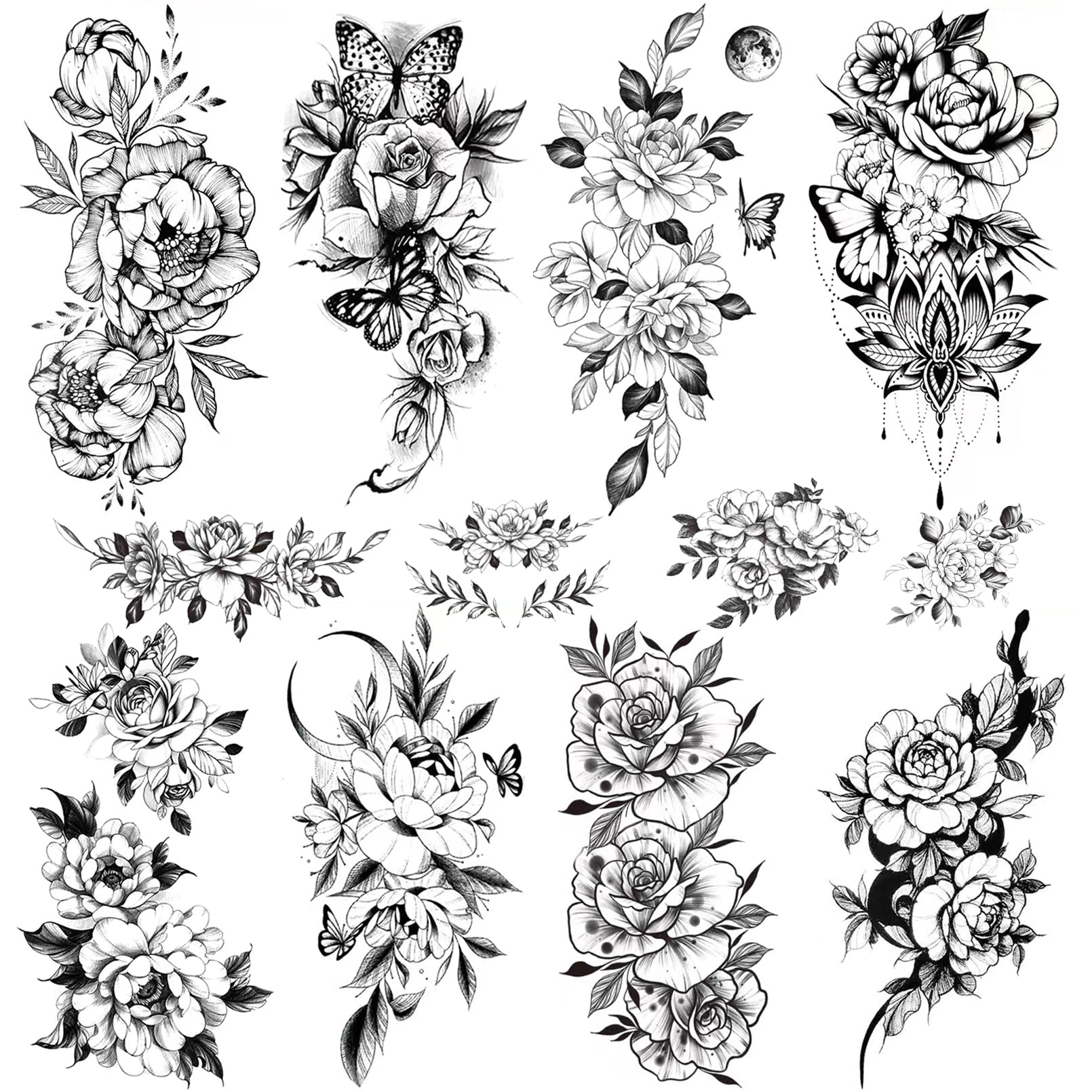 Realistic Black Flower Butterfly Temporary Tattoos for Women & Girls - 10 Sheets Large Waterproof Fake Tattoo Stickers - Long Lasting Body Art for Parties, Festivals, Cosplay & Summer Beach Looks