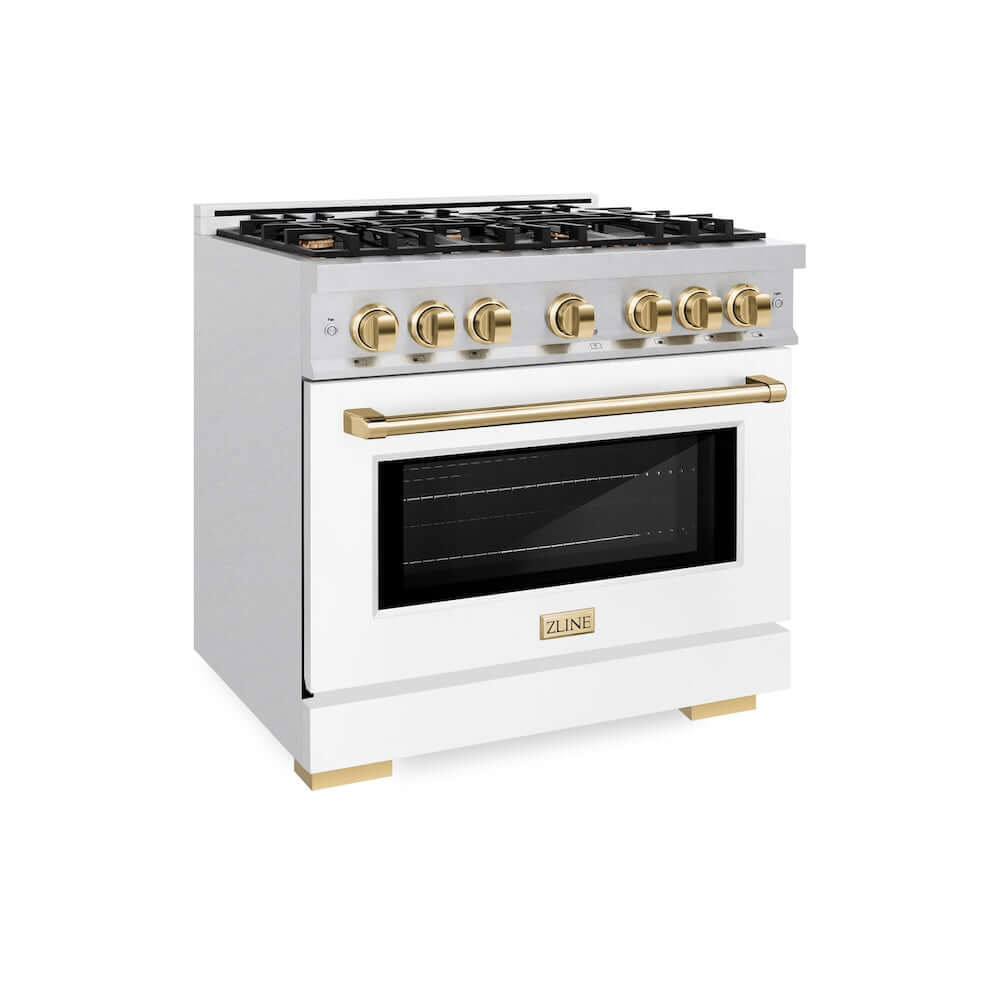 ZLINE Autograph Edition 36 Inch 5.2 Cu Ft Gas Range with 6 Burner Cooktop & Convection Oven - Satin Stainless Steel with White Matte Door & Polished Gold Accents (HGRSZ WM 36 G) - Perfect for Gourmet Kitchens & Modern Home Chefs