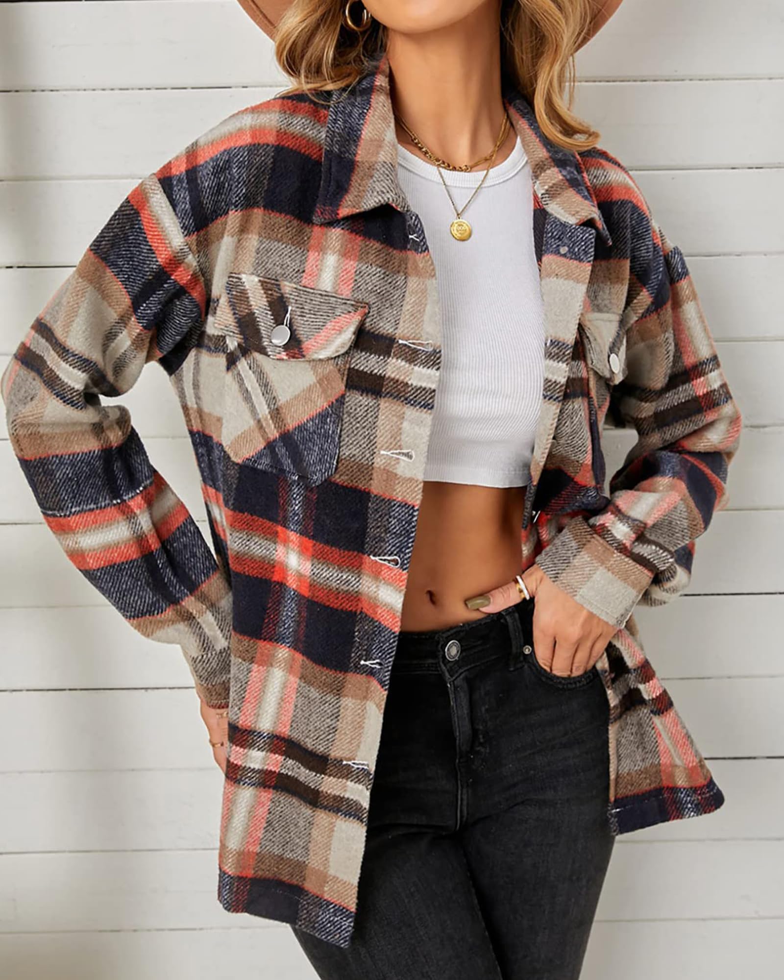 BTFBM Women's Plaid Flannel Shacket - Long Sleeve Button Down Casual Shirt Jacket for Fall & Spring | Loose Fit Blouse Top for Outdoor Activities, Work & Weekend Wear (2025 Fashion)
