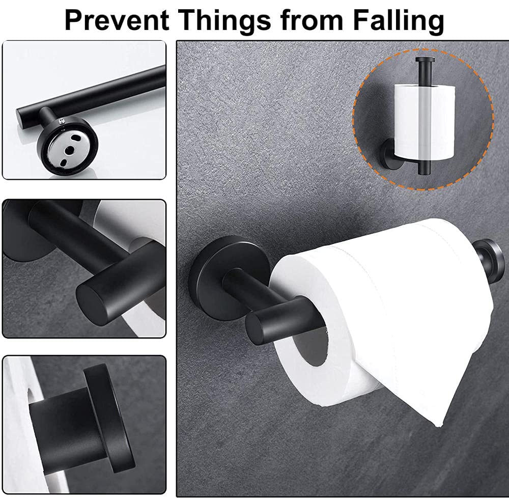 3-Piece Bathroom Hardware Set - 304 Stainless Steel Towel Bar, Toilet Paper Holder & Robe Hooks - Matte Black Finish - Modern Bathroom Accessories for Home, Apartment, Hotel (11.81