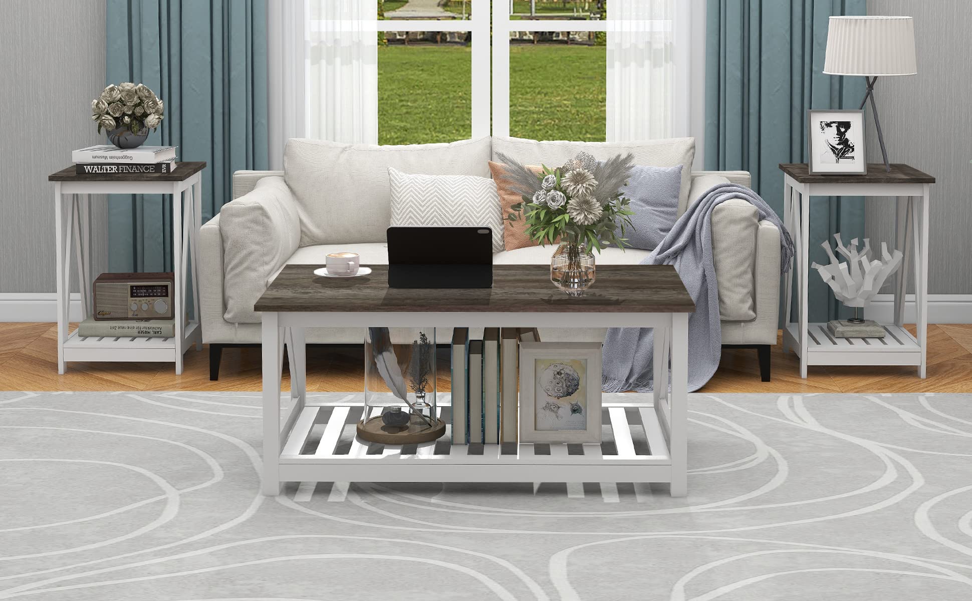 Farmhouse Coffee Table and End Table Set - 2-Tier Wooden Living Room Furniture with Slatted Base in Dark Oak - Perfect for Cozy Living Rooms, Family Gatherings & Home Decor
