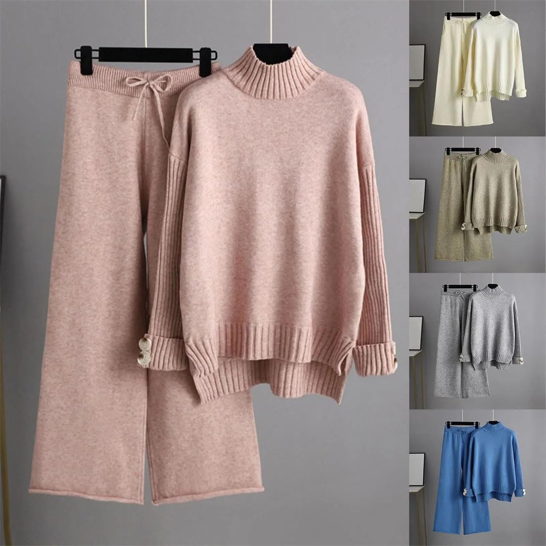 Women's Knitted Turtleneck Sweater & Wide Leg Pants Set - Solid Color Loose Fit Warm Tracksuit Outfit for Casual Wear, Office & Winter Fashion