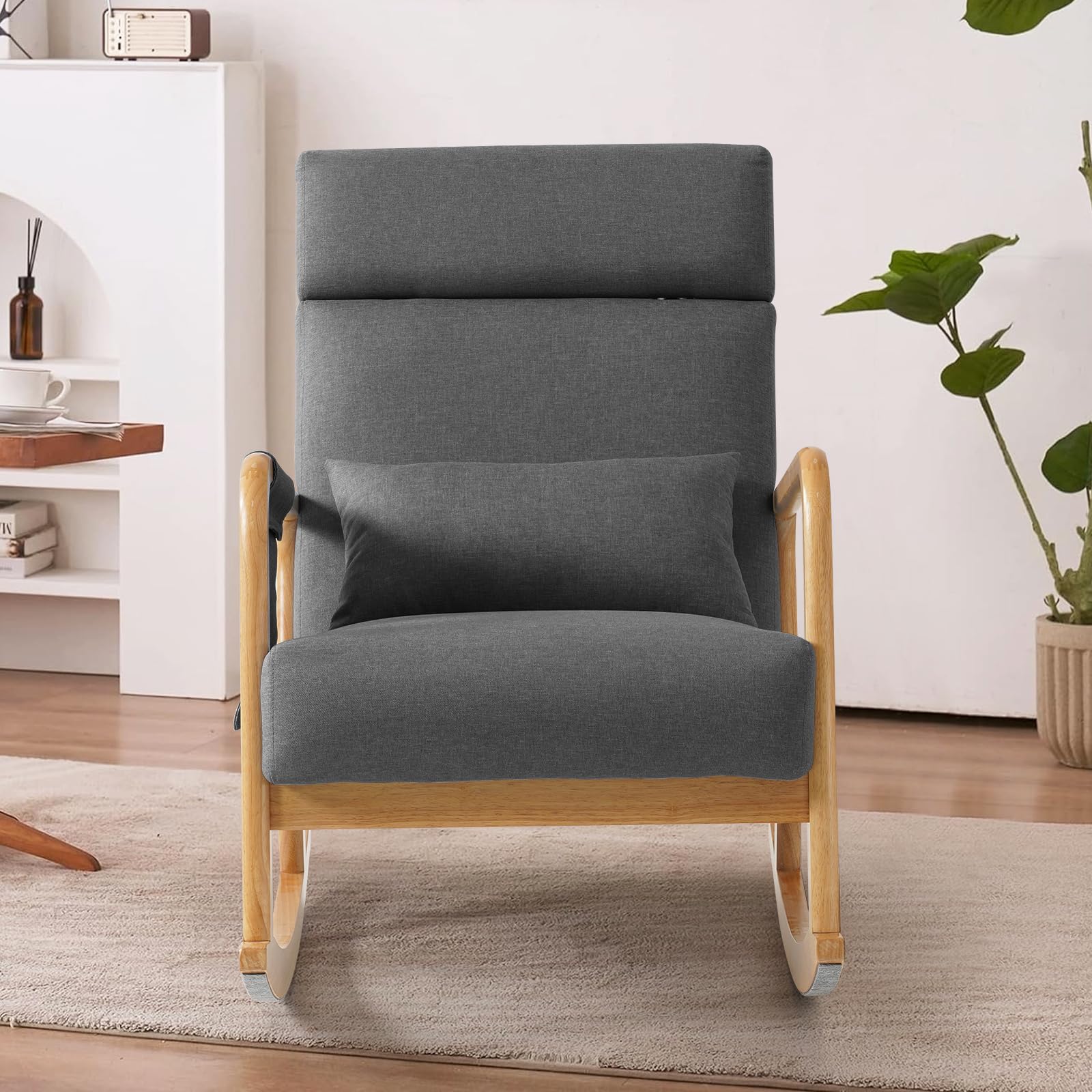 BEDHOURS Upholstered Nursery Glider Rocking Chair with High Backrest - Comfortable Armchair with Side Pocket & Pillow - Accent Chair for Living Room, Bedroom, Nursery (Light Gray) - Perfect for Breastfeeding, Reading & Relaxing