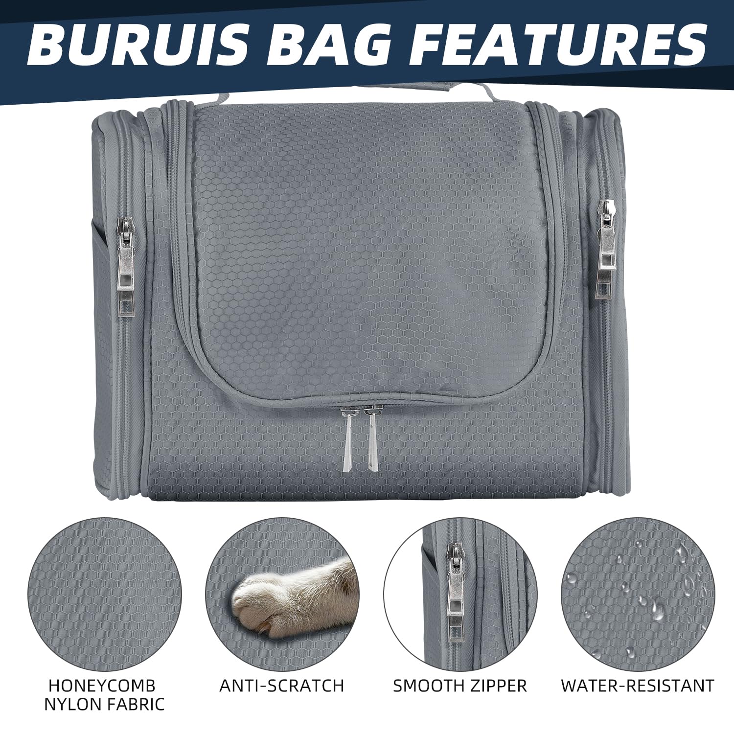 Large Water-resistant Hanging Toiletry Bag for Women & Men - Spacious Travel Cosmetic Organizer with Multiple Pockets, Perfect for Makeup, Shaving Essentials & Full-Sized Toiletries (Gray) | Ideal for Air Travel, Camping & Gym Use