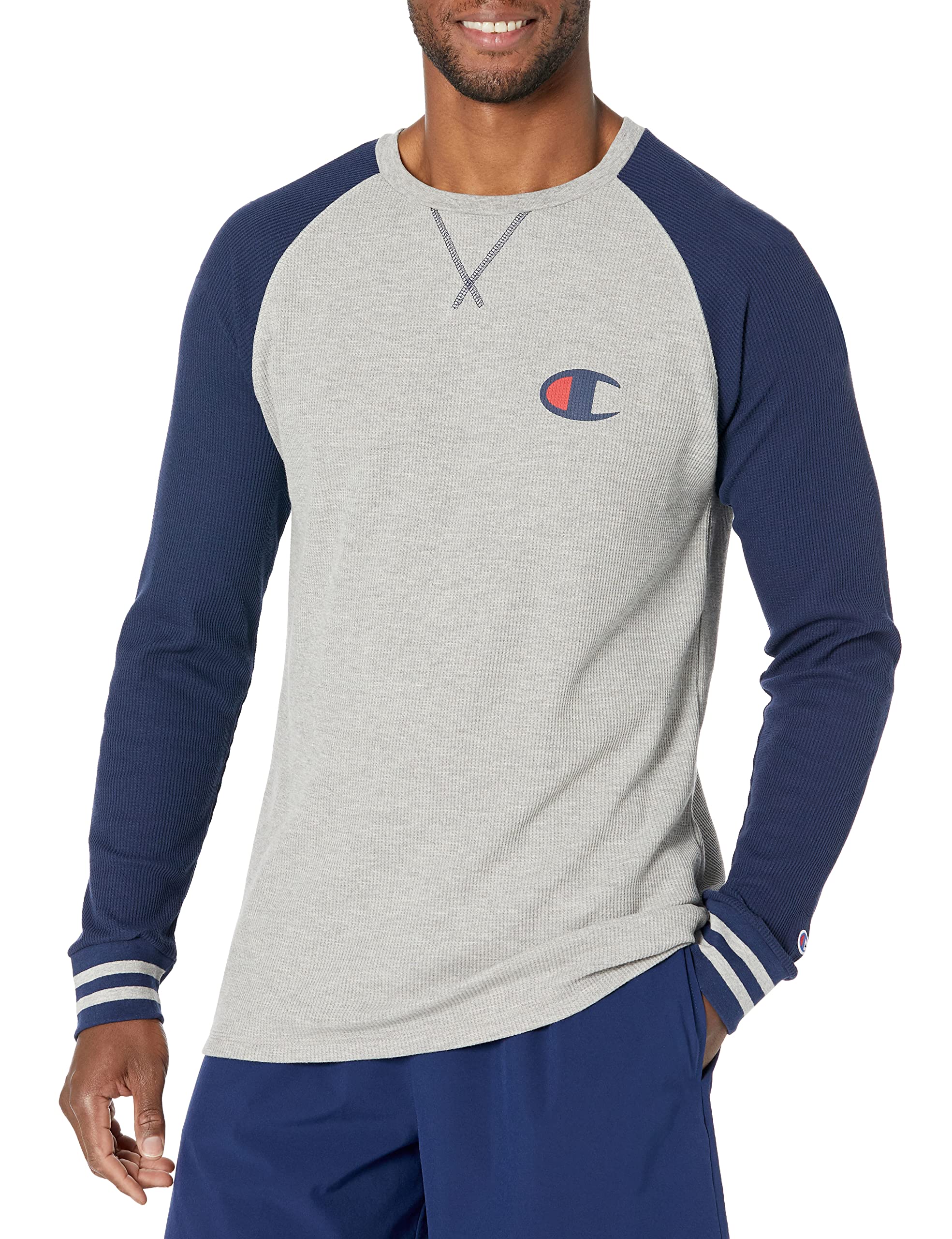 Champion Men's Long Sleeve Waffle Raglan Crew Neck Sleep Shirt - Soft & Comfortable Loungewear for Relaxing at Home or Sleeping