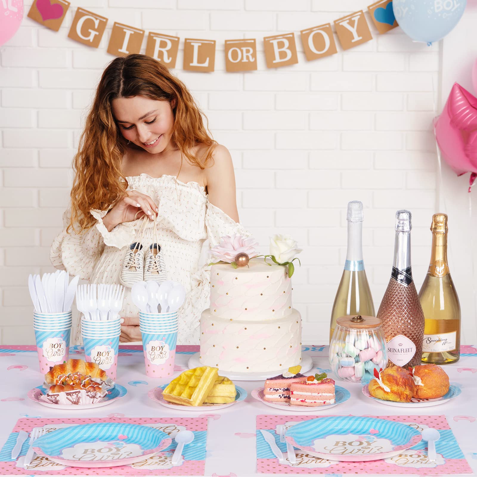 DECORLIFE Gender Reveal Party Plates Set for 24 Guests - Includes 96PCS of Plates, Napkins & Forks - Perfect for Baby Shower, Gender Reveal Celebrations & Special Occasions - Blue & Pink Theme Party Supplies