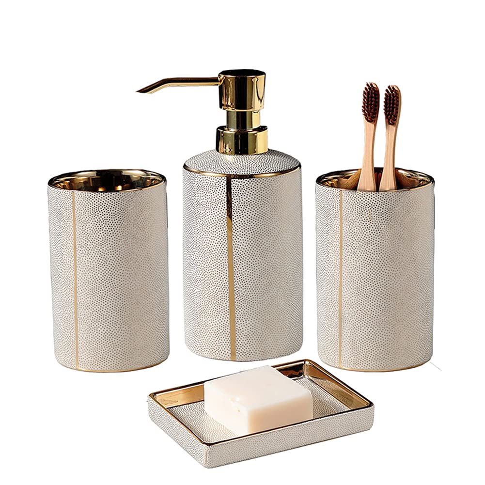 4PCS Ceramic Bathroom Accessories Set - Soap Dispenser, Toothbrush Holder, Tumbler & Soap Dish | Modern Bathroom Décor for Home, Hotel & Spa Use