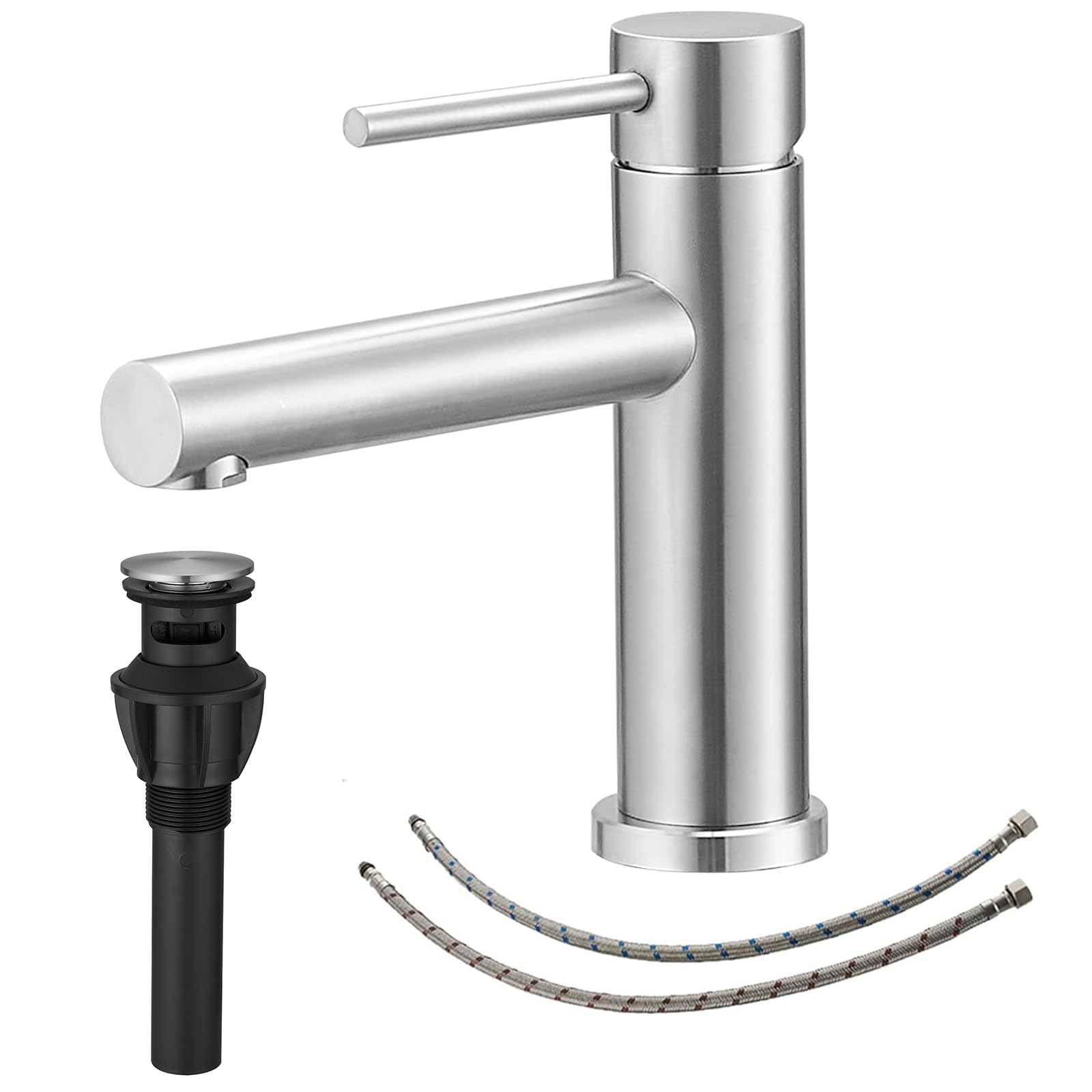 BWE Brushed Nickel Single Hole Bathroom Sink Faucet - Modern Water Saving Single Handle Lavatory Faucet with Pop-Up Drain & Supply Lines - Perfect for Vanity, Guest Bath & Powder Room Upgrades
