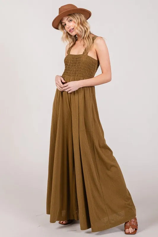 Olive Green Flowy Wide Leg Jumpsuit for Women - Boho Chic Romper with Pockets | Perfect for Summer Outfits, Beach Vacations & Casual Wear