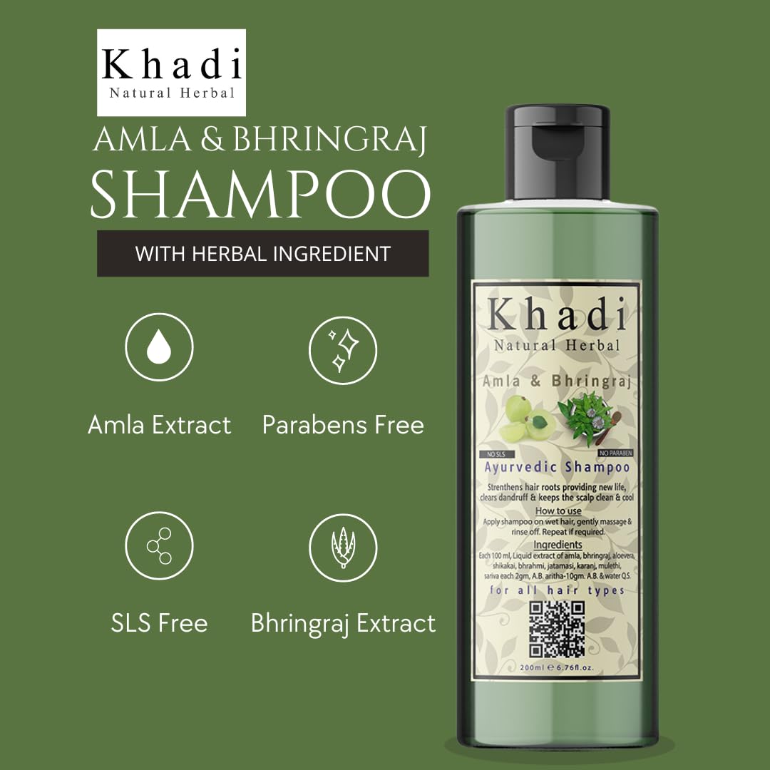 Khadi Natural Herbal Paraben-Free Amla & Bhringraj Shampoo with Aloe Vera Conditioner Combo Pack (200ml Each) - Ayurvedic Hair Care for Dry, Damaged Hair & Scalp Health