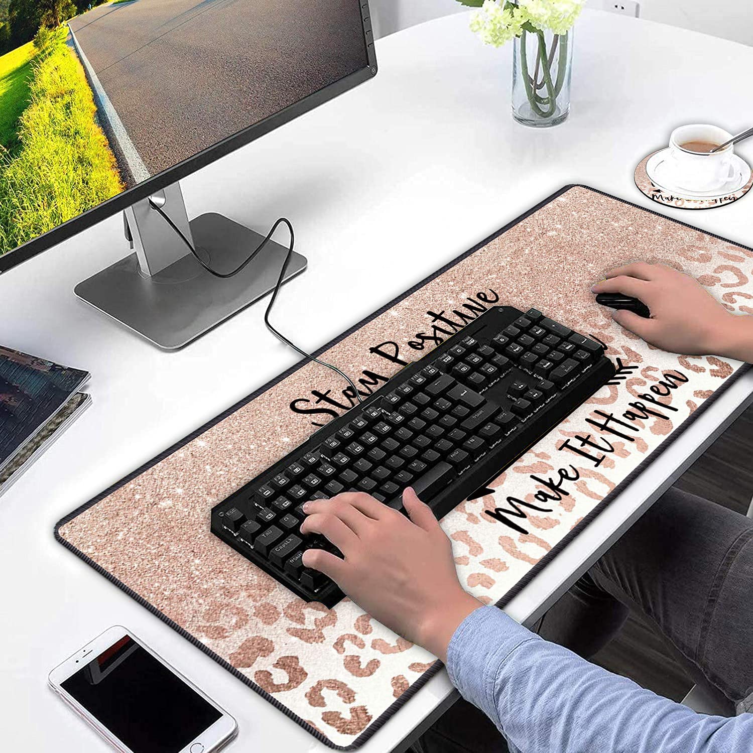 Extra Large Gaming Mouse Pad with Non-Slip Rubber Base - Ergonomic Extended Desk Mat for PC, Laptop & Office Work | Includes Cup Coaster | Motivational Pink Leopard Star Design - Perfect for Gamers, Programmers & Home Office Setup
