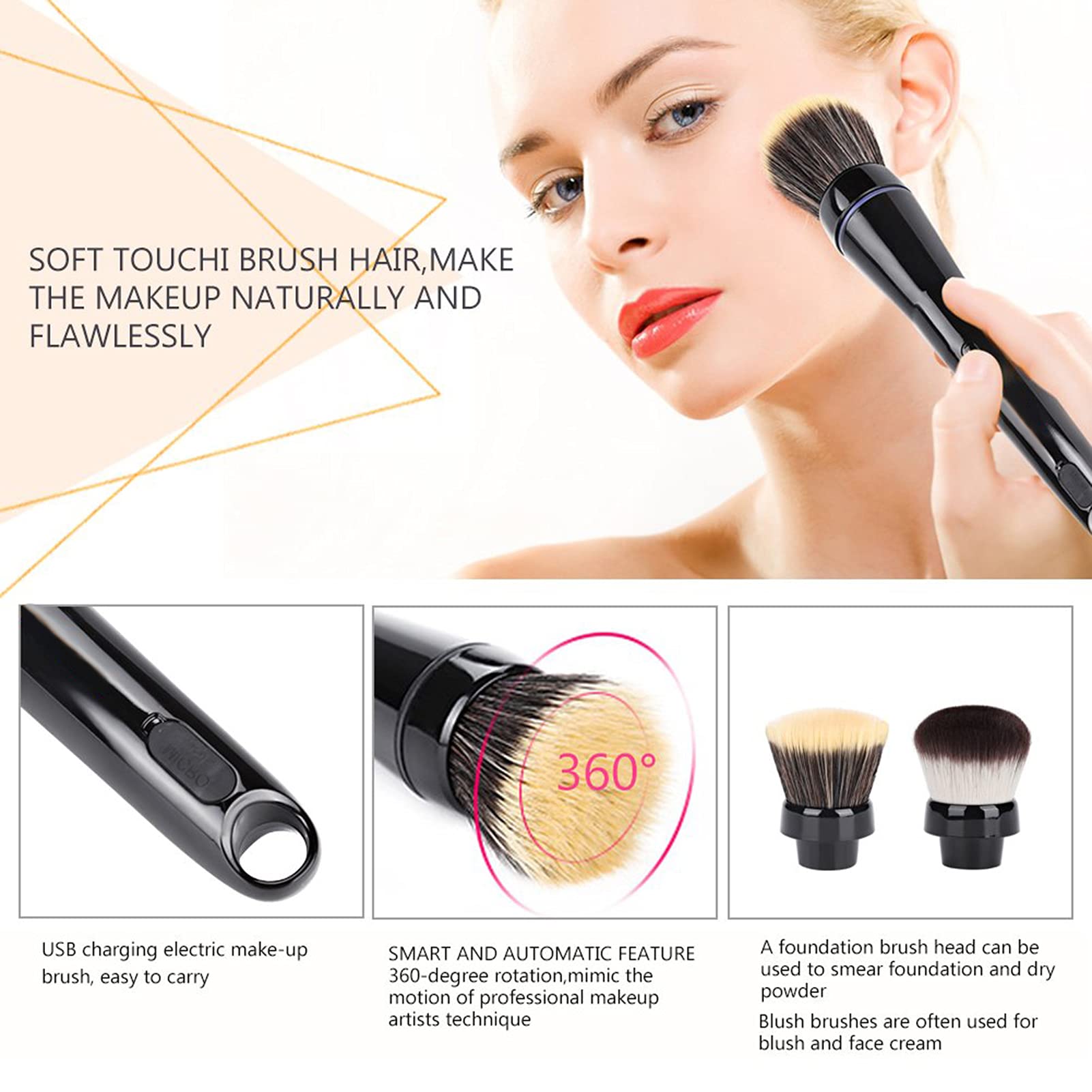 Electric Makeup Brush - Automatic Rotating Foundation & Blusher Brush with 2 Replaceable Heads, Rechargeable Vibrating Makeup Applicator for Flawless Blending | Perfect for Daily Makeup & Professional Use