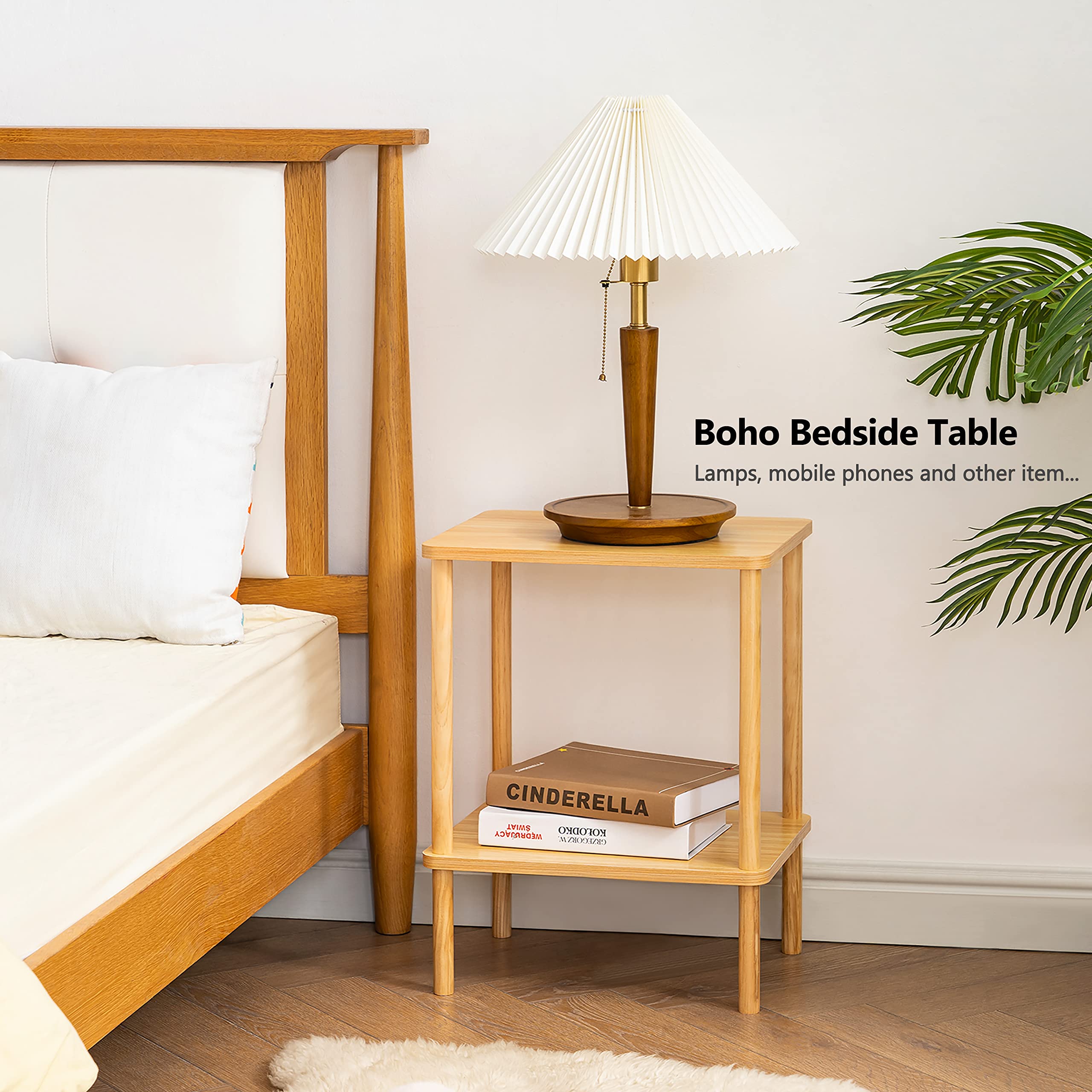 Apicizon 2 Tier End Table with Storage Shelf - Boho Nightstand & Side Table for Small Spaces - Easy Assembly Farmhouse Bedroom, Living Room & Entryway Furniture - Perfect for Reading Nook, Guest Room or Apartment Decor