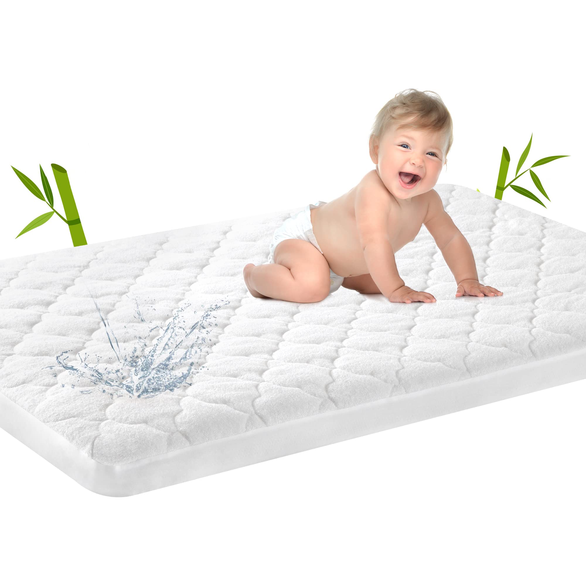 TILLYOU Waterproof Bamboo Crib Mattress Protector - Quilted Toddler Bed Sheet Cover for Standard Crib (52