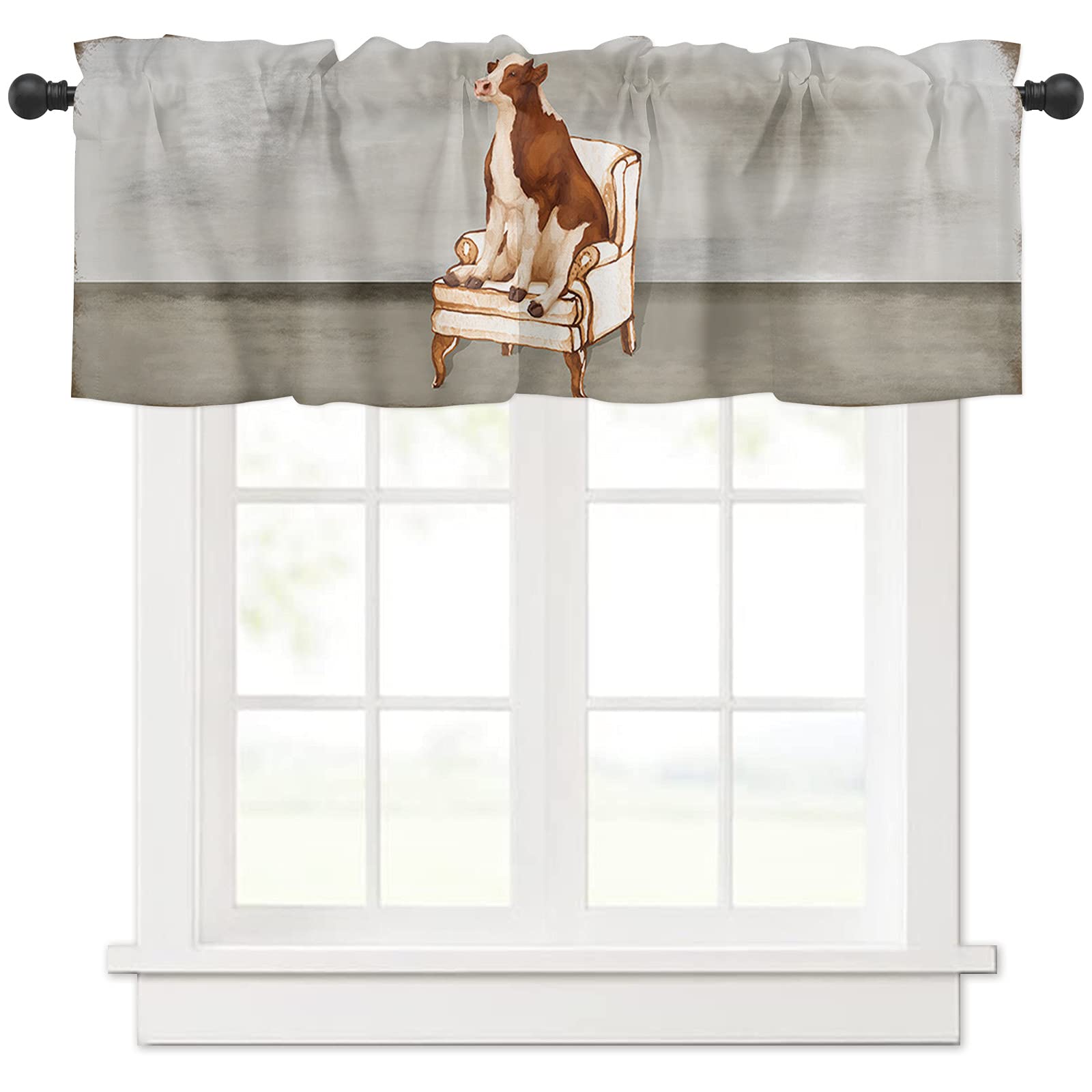 Farmhouse Cow on Couch Curtain Valance - Thermal Insulated & Washable Rod Pocket Window Treatment (54x18 Inch) for Bedroom, Kitchen & Small Windows - Funny Animal Home Decor for Rustic, Country or Farmhouse Style Interiors