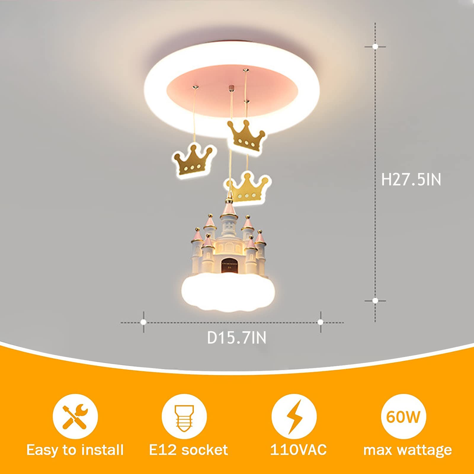 Pink Castle Kids Ceiling Lamp - Cartoon Cloud Resin Chandelier with Acrylic Lampshade - Modern Crown Mini Chandelier for Girls Bedroom, Nursery, Living Room & Dining Room Decor - Perfect for Princess-Themed Parties & Fantasy Room Design