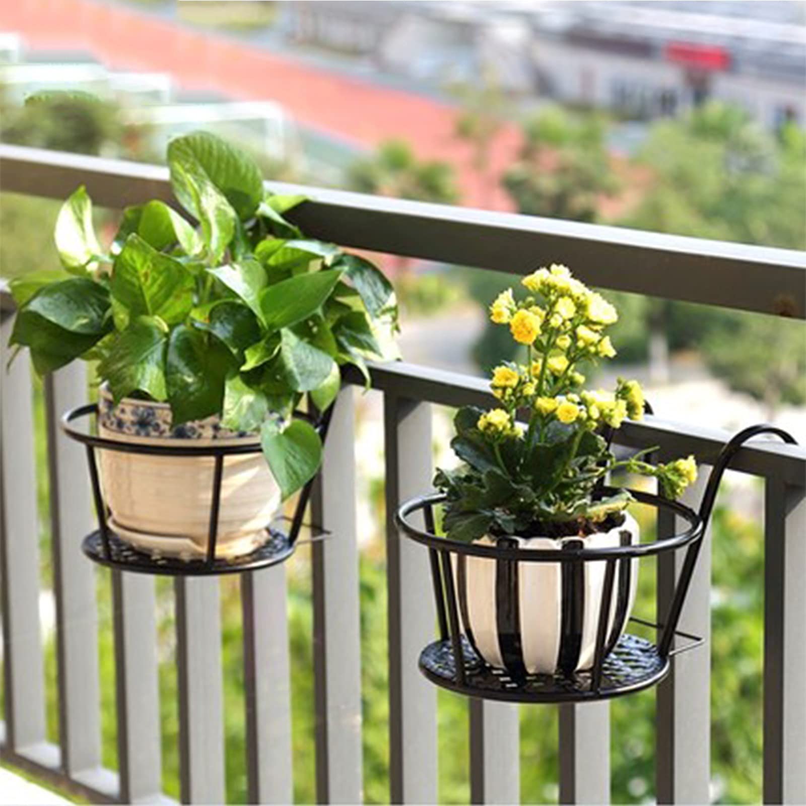 Iron Hanging Flower Stand for Balcony - 2 Pack Outdoor Decorative Plant Holder with Rust-Proof Coating | Perfect for Small Spaces, Patio Decor & Vertical Garden Ideas