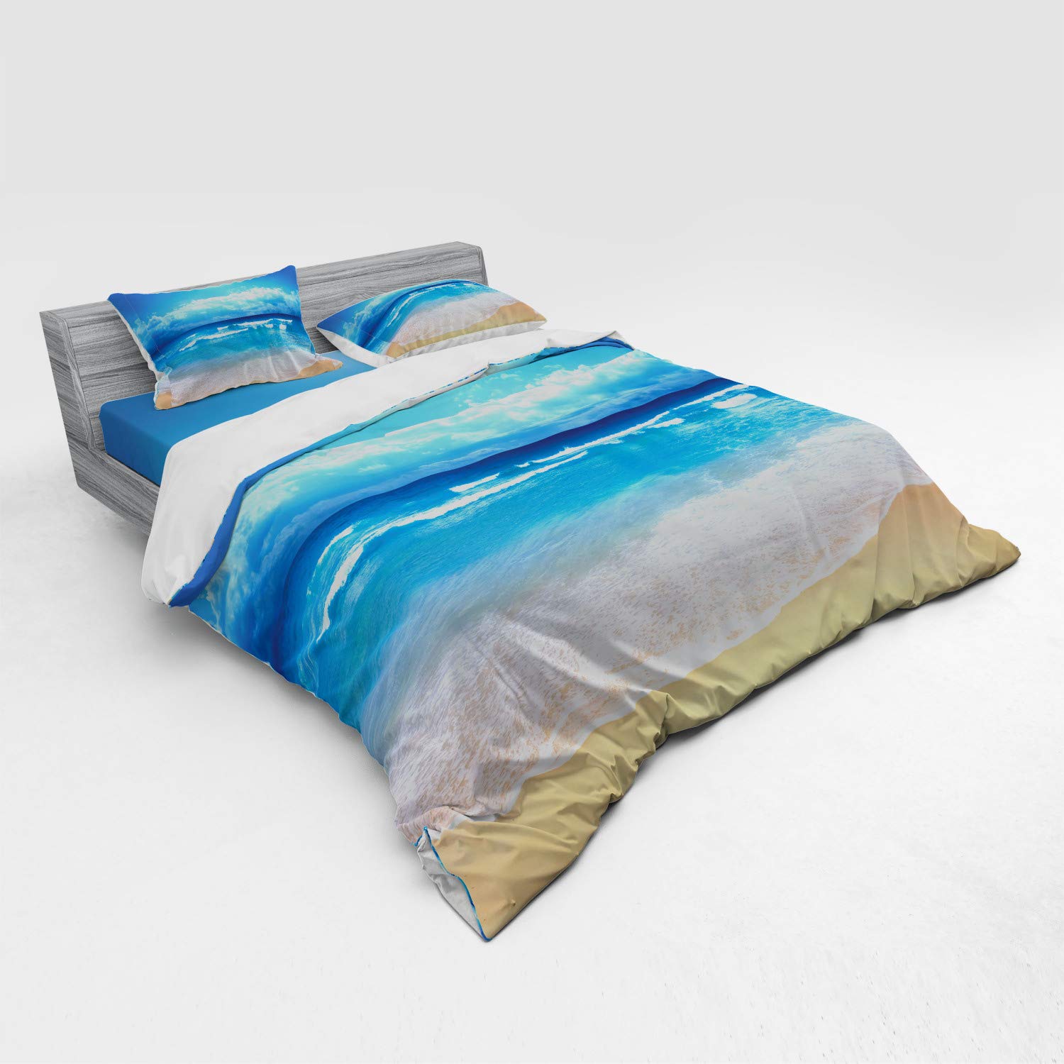 Ambesonne Beach Bedding Set - King Size 4-Piece Duvet Cover with Shams & Fitted Sheet, Seascape Digital Print in Sand Brown & Blue | Summer Coastal Theme Bedroom Decor for Beach House or Vacation Home