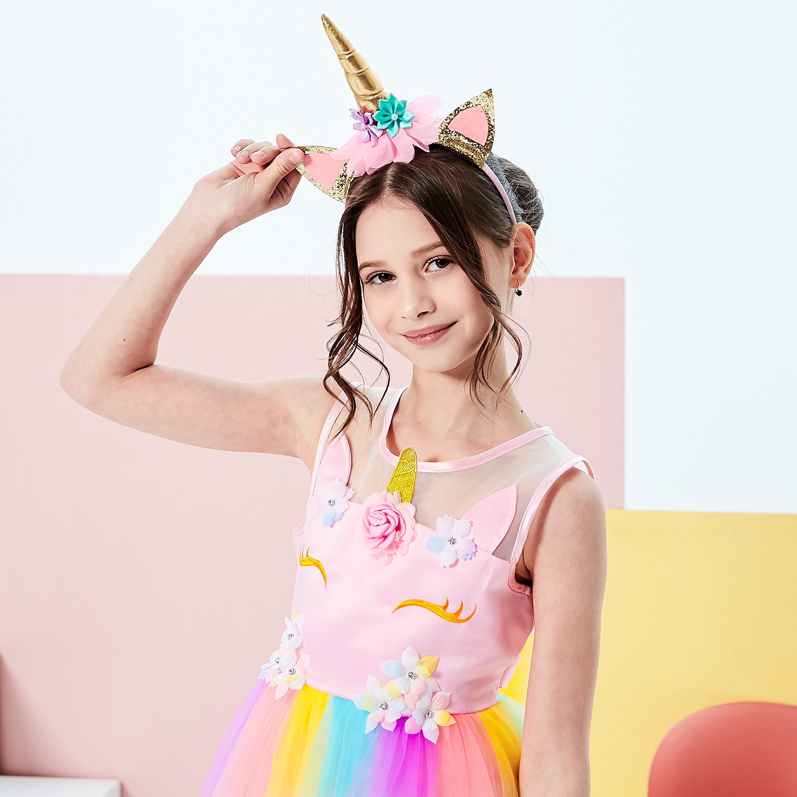Sunny Fashion Girls Unicorn Rainbow Tulle Dress with Matching Headband - Size 4-10 for Birthday Parties & Special Occasions