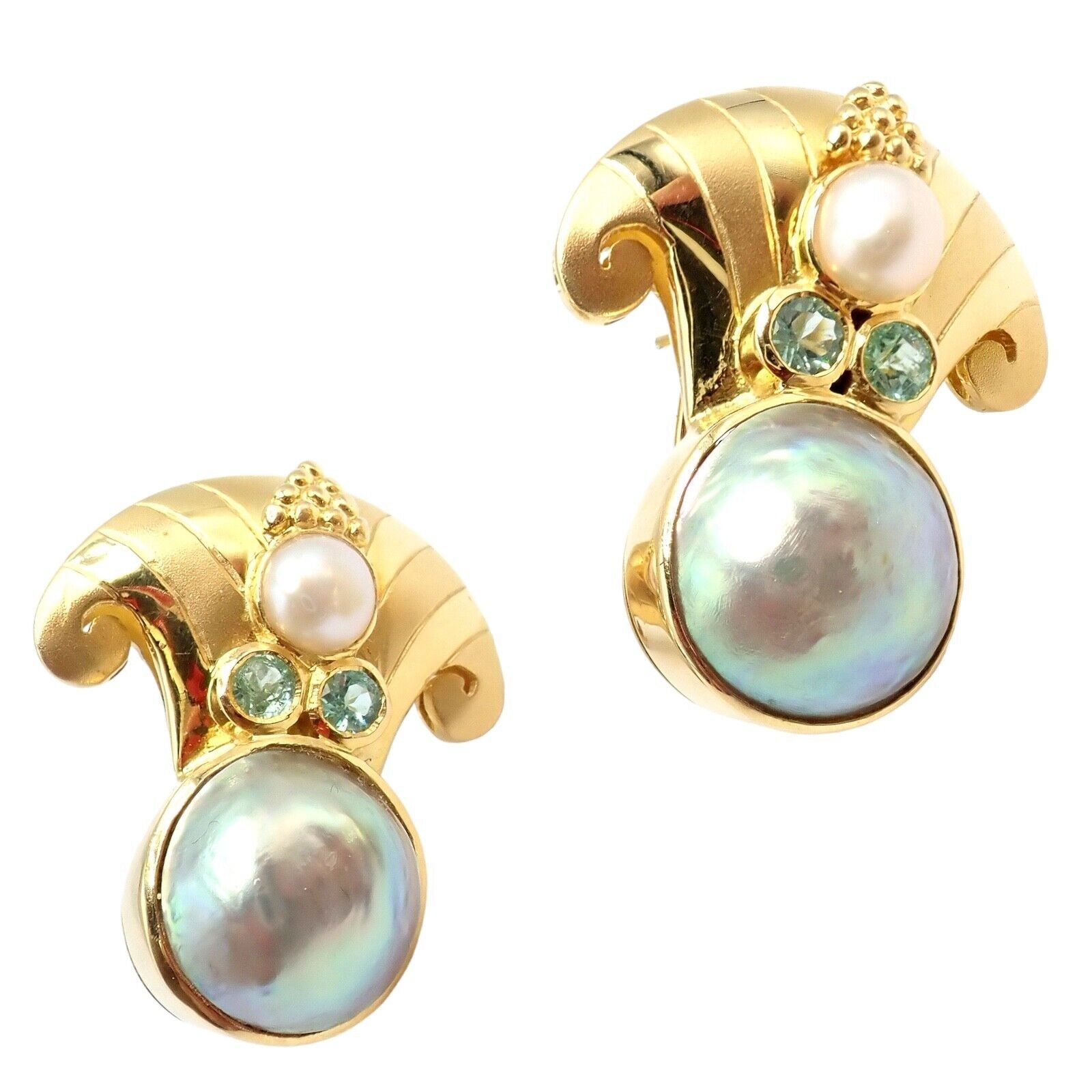Exquisite Vintage Paula Crevoshay 18K Gold Abalone Pearl & Blue Gemstone Earrings - Unique Handmade Jewelry for Women - Perfect for Weddings, Anniversaries & Special Occasions