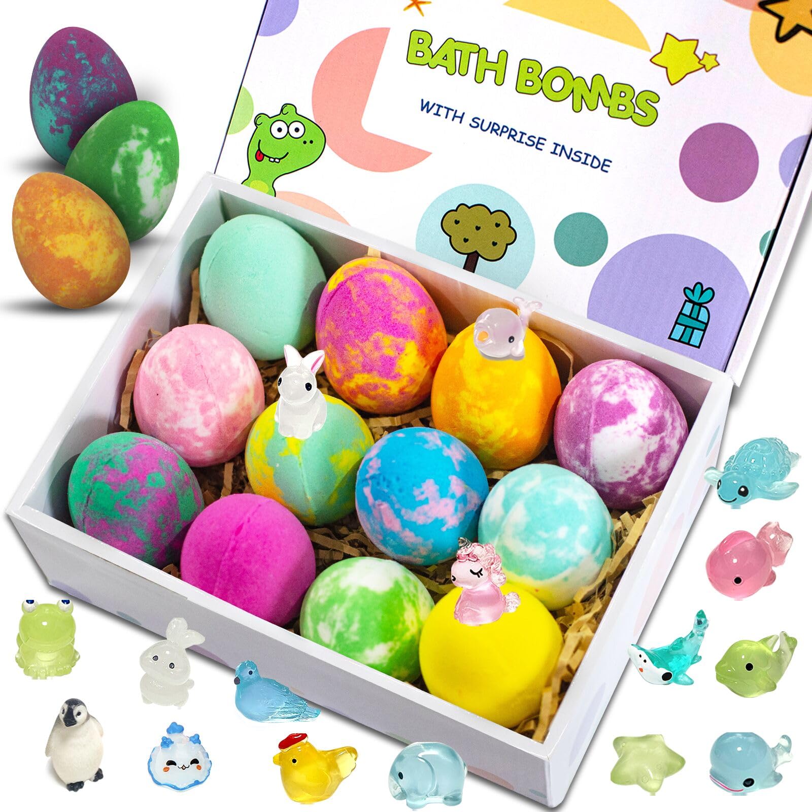 12Pcs Easter Egg Bath Bombs with Surprise Toys Inside - Dino Egg Bubble Bath Fizz Gift Set for Kids, Girls & Boys - Perfect for Birthday, Christmas & Easter Basket Stuffers - Fun Bath Time & Party Favors