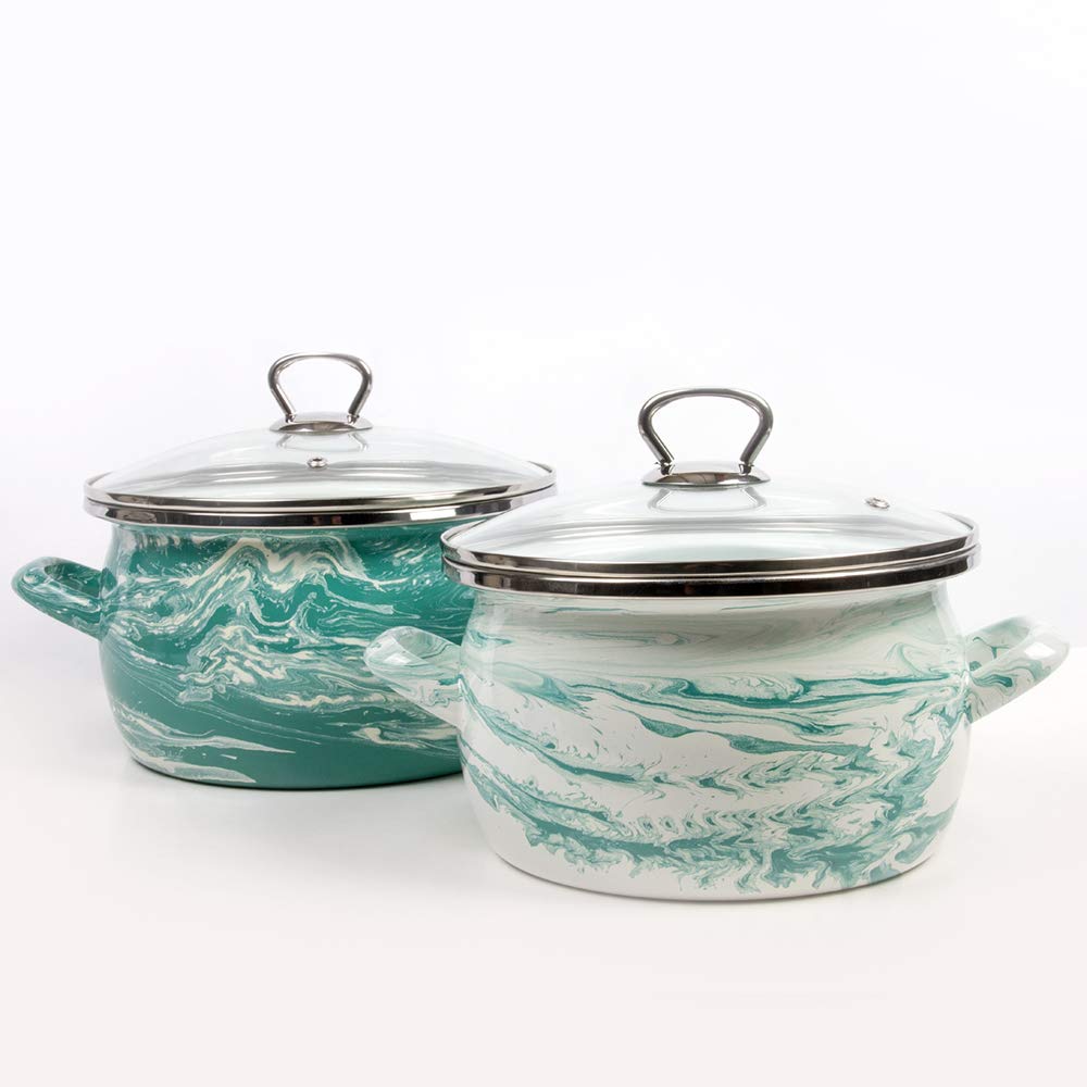 Shake White & Turquoise Enamel Stock Pot with Glass Lid - 5.3 Quart (5L) Enamelware Cooking Pot for Soups, Stews & Pasta - Vintage Style Kitchen Essential for Stovetop & Oven Use