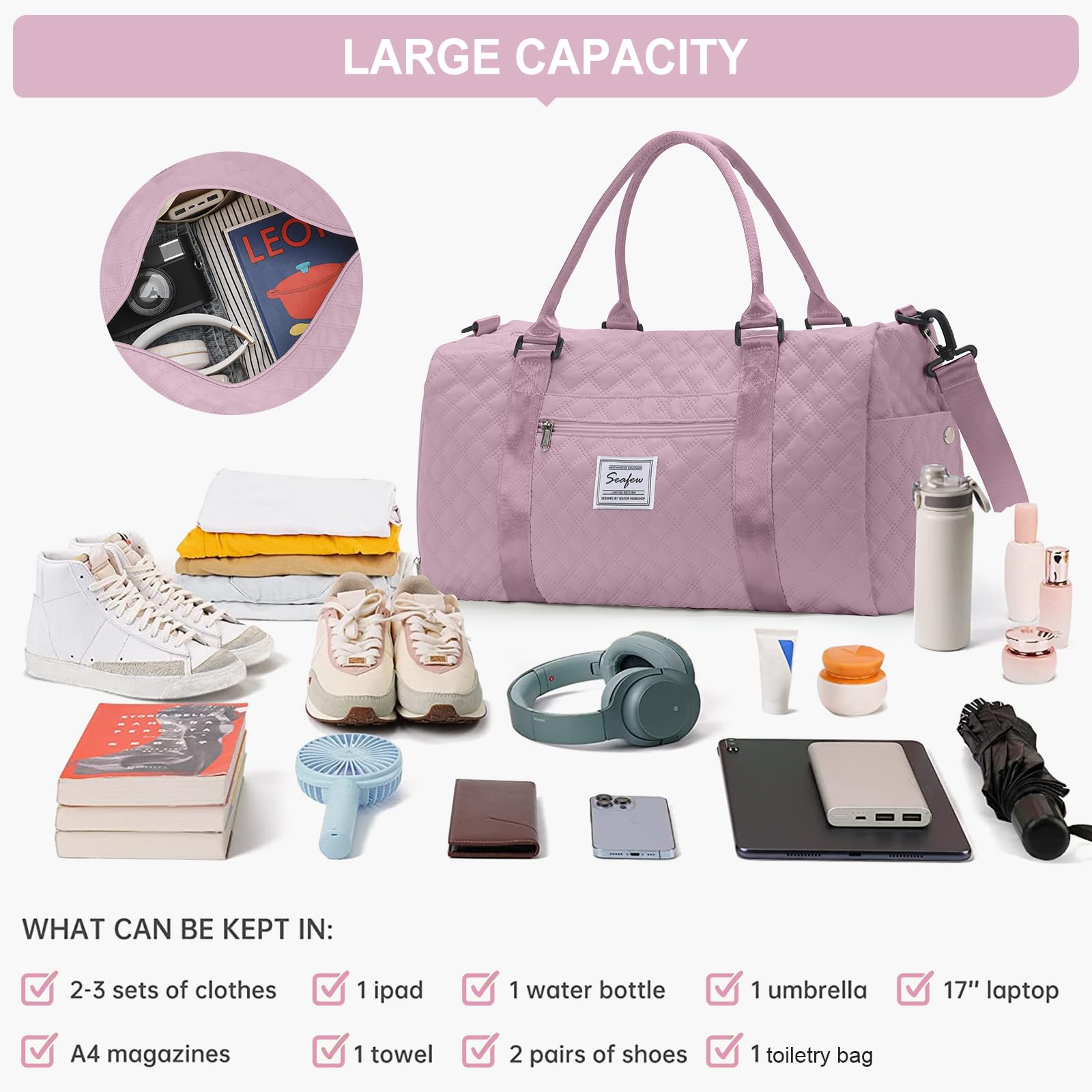 Women's Gym Bag with Shoe Compartment - Sports Duffel, Overnight Carry-On & Weekender Travel Tote with Toiletry Bag (Purple) - Perfect for Workouts, Airplane Travel & Weekend Getaways