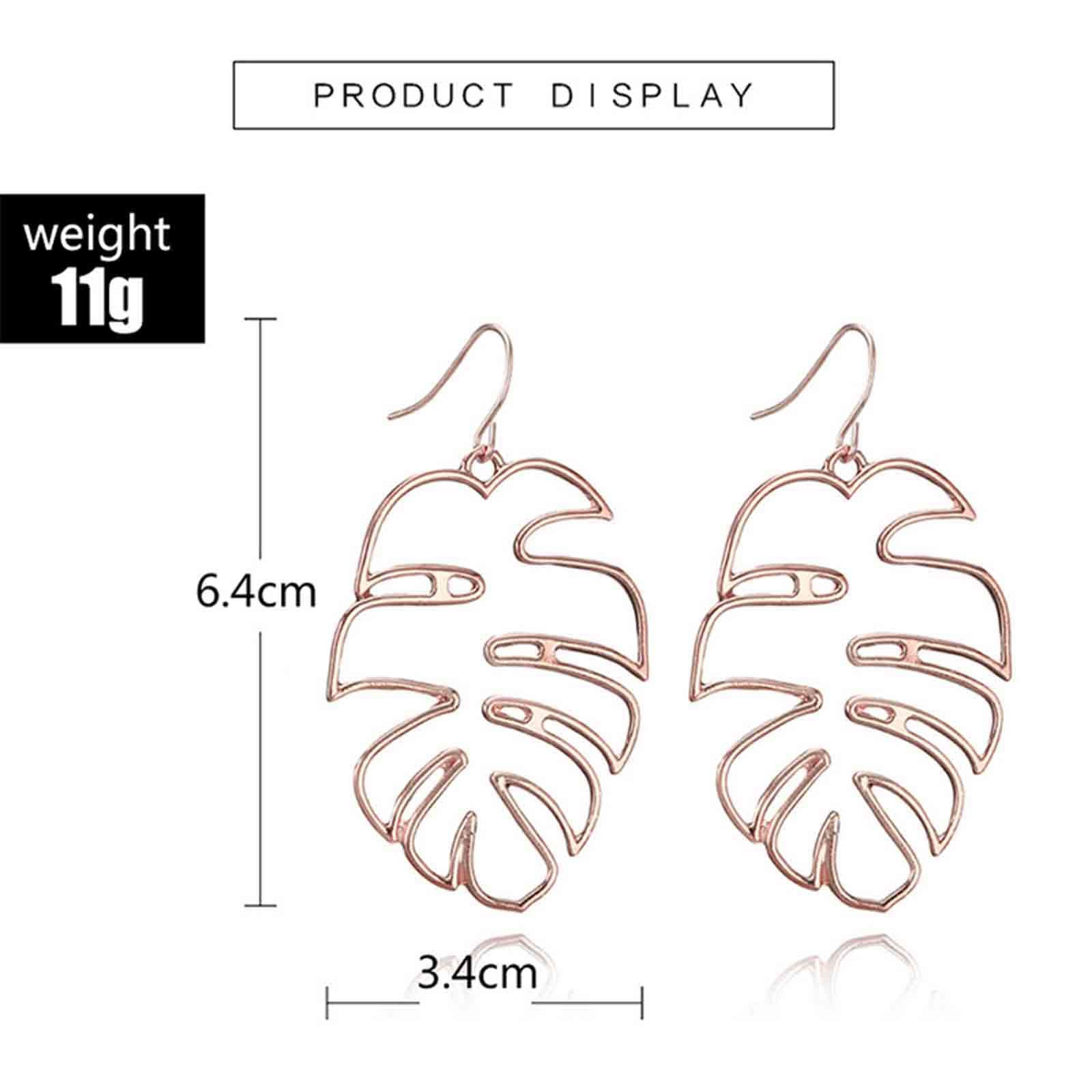 Boho Monstera Leaf Earrings for Women - Rose Gold Palm Leaf Dangle Earrings, Tropical Plant Drop Earrings, Handmade Jewelry for Beach Vacation, Summer Party & Boho Fashion (Rose Gold)