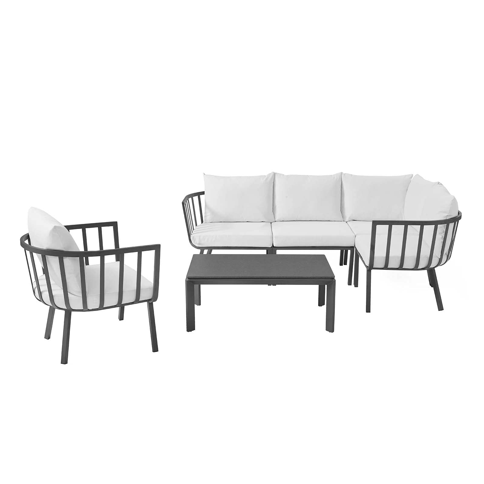 Modern Aluminum Metal Lounge Sectional Sofa Chair Set in Grey & White for Outdoor Patio, Cafe, Bistro, and Garden Relaxation