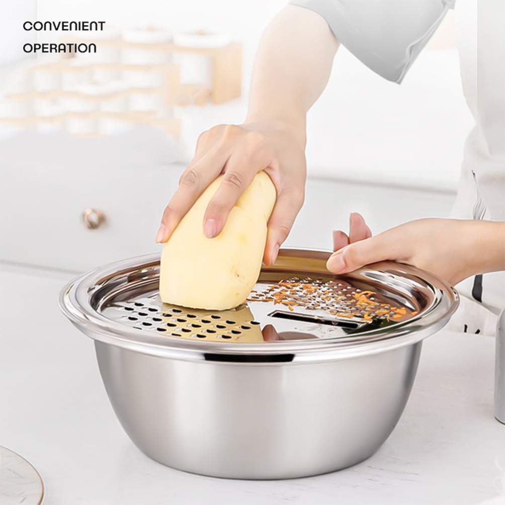 DOITOOL 3-in-1 Stainless Steel Kitchen Grater with Drain Basket - Multi-Function Cheese Grater, Vegetable Chopper & Salad Maker Bowl for Home Cooking (Silver) | Perfect for Meal Prep, Pizza Topping & Healthy Snacks