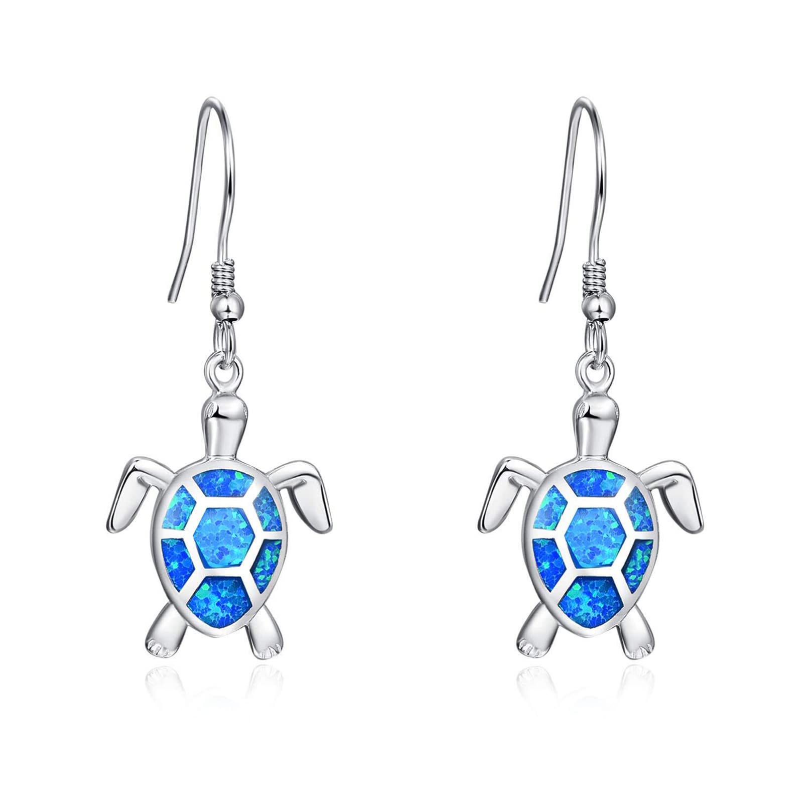 KINGWHYTE 925 Sterling Silver Turtle Dangle Earrings with Hawaiian Blue Opal - Elegant Animal Jewelry Gifts for Women | Perfect for Beach Vacations, Summer Outfits & Boho Fashion