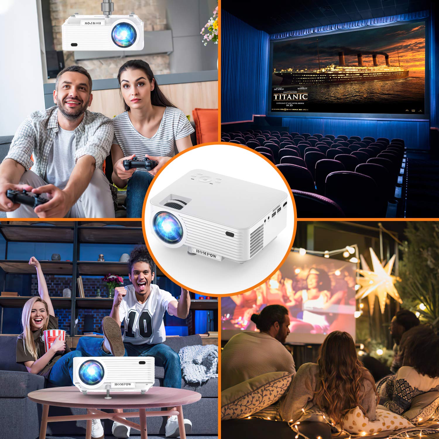 6500Lux Mini Projector Portable HD 1080P Outdoor Movie Projector with Screen - Compatible with TV Stick, HDMI, VGA, USB, TV Box, Laptop, DVD & PS5 - Perfect for Home Theater, Backyard Movies, Gaming and Presentations