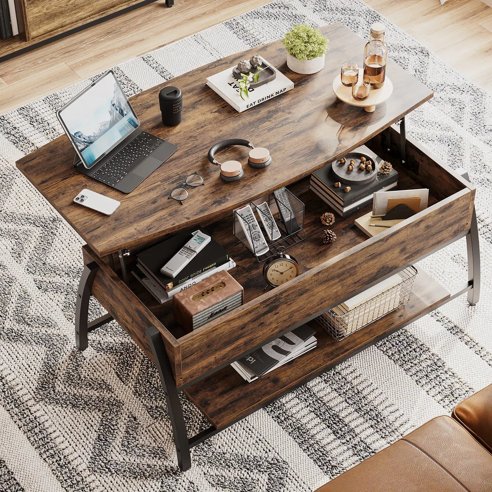 Bestier Lift Top Coffee Table with Storage - Modern Convertible Ottoman for Living Room, Bedroom, and Office Use