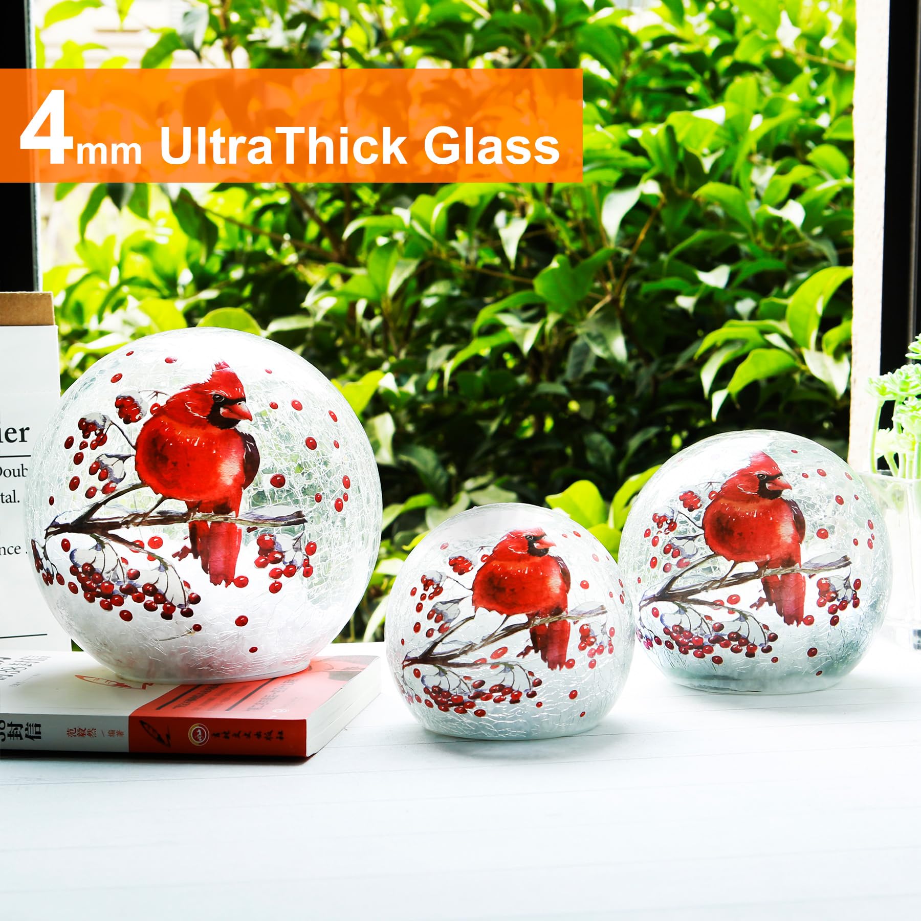 Crackle Glass Ball Cardinal Lamp - LED Lighted Red Bird Stained Glass Christmas Decor, Globe Table Night Light for Home & Office, Perfect Mother's Day Gift - Ideal for Bedroom, Living Room & Holiday Decorations