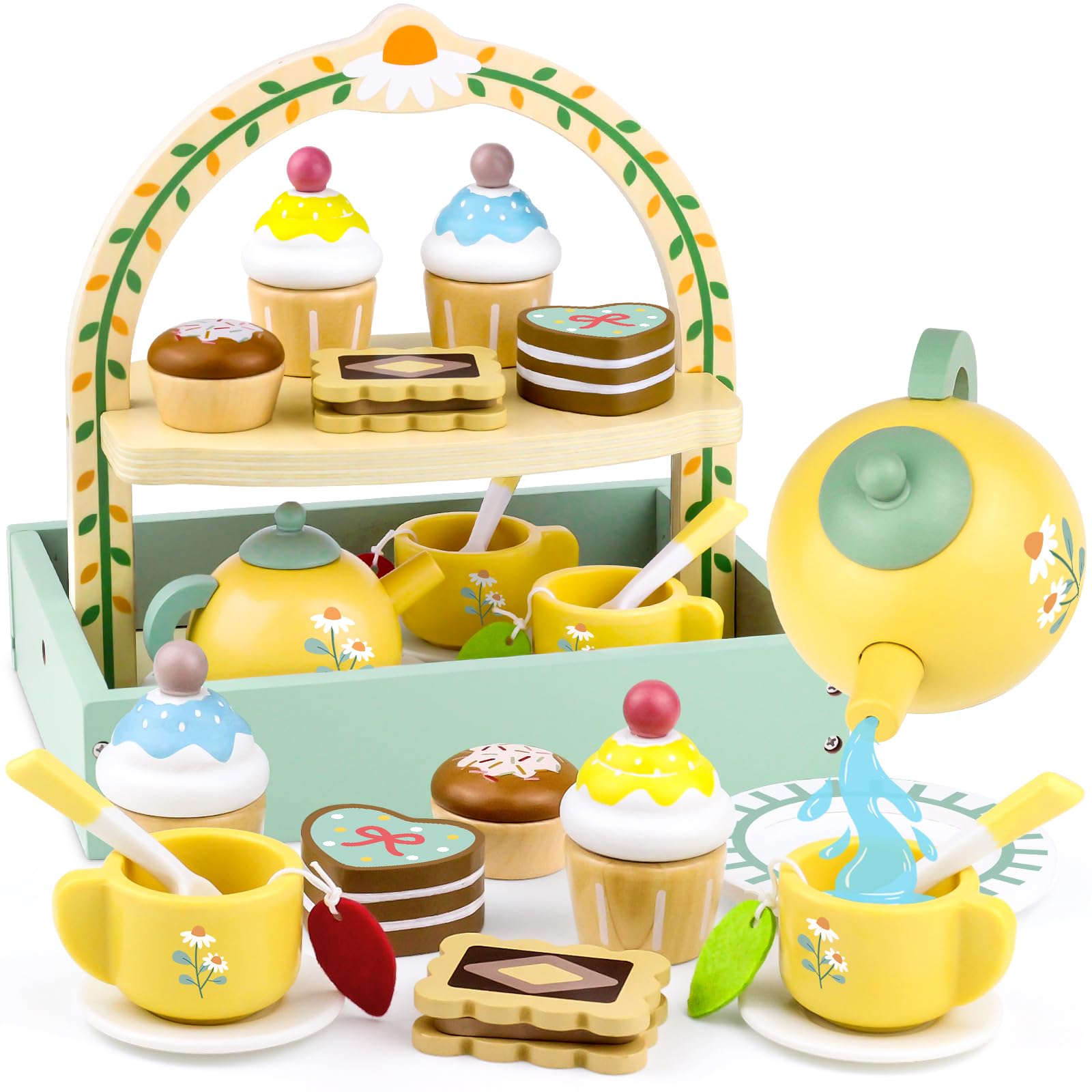 Wooden Tea Set for Kids Ages 1-6 | Pretend Play Kitchen Toy with Play Food & Cake | Princess Themed Toddler Playset for Boys & Girls | Perfect for Birthday Parties, Tea Time Pretend Play & Early Learning