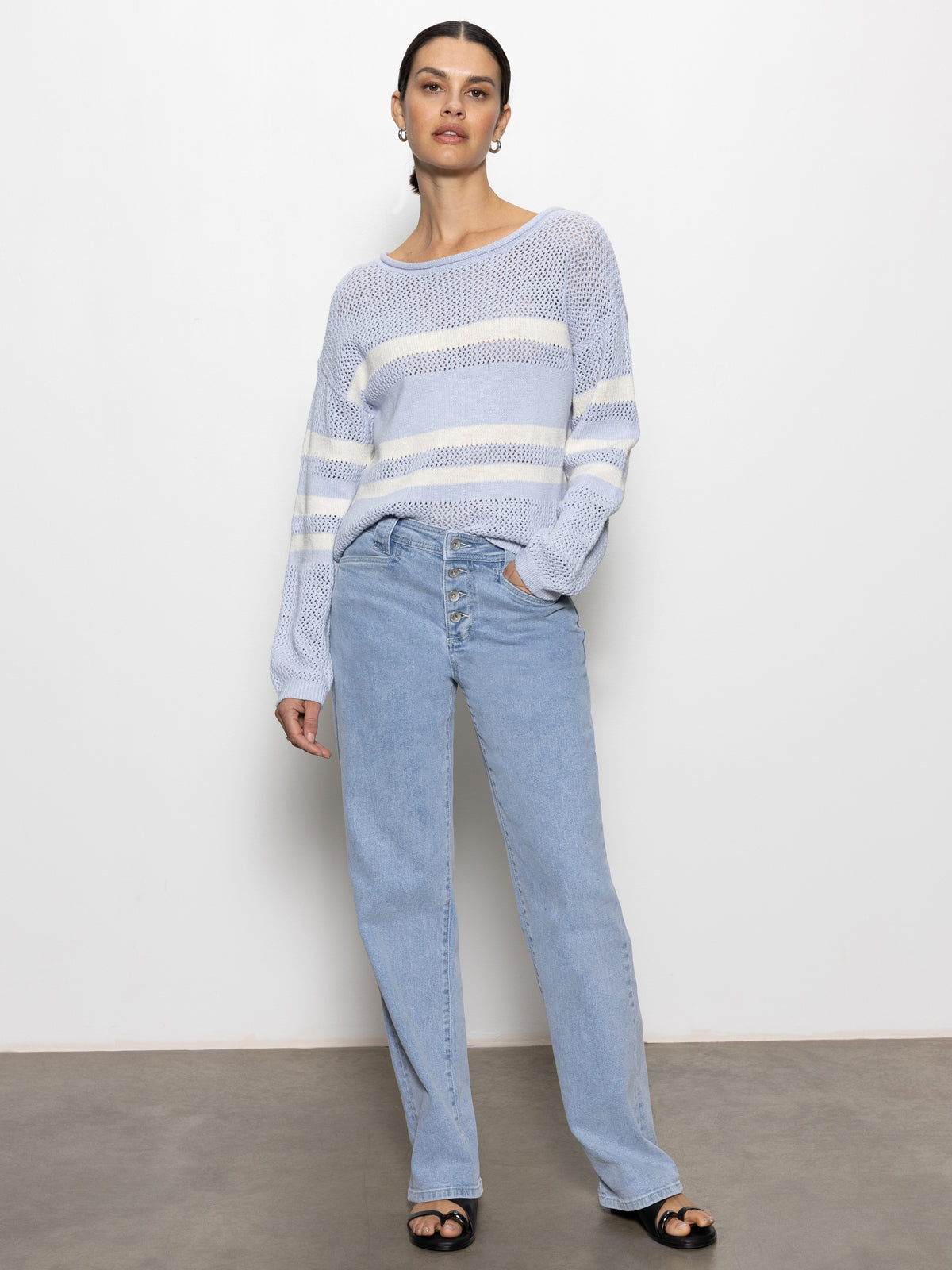 Stylish Sky Blue Open Knit Sweater with Sporty Chalk Stripes | Casual Women's Fashion Top for Fall & Winter | Perfect for Layering, Office Wear, and Weekend Outings