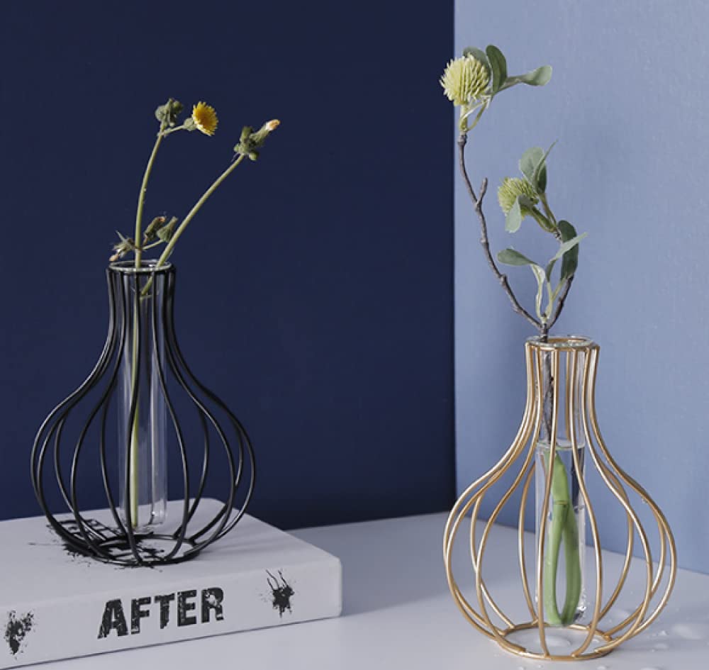 Nordic Wrought Iron Lantern-Shaped Glass Vase with Metal Wire Holder - Elegant Gold Flower Vase for Wedding, Home & Garden Decor - Perfect for Centerpieces, Table Decorations and Special Events