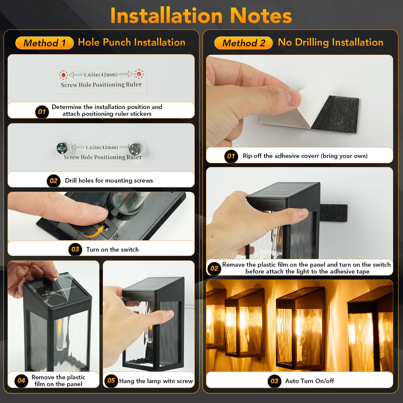 4 Pack Solar Wall Lights Outdoor Waterproof - Auto On/Off Dusk to Dawn Solar Fence Lights for Patio, Porch, Hallway, Stairs, Backyard, Front Door - Warm White LED Solar Powered Lights for Home Security & Decoration