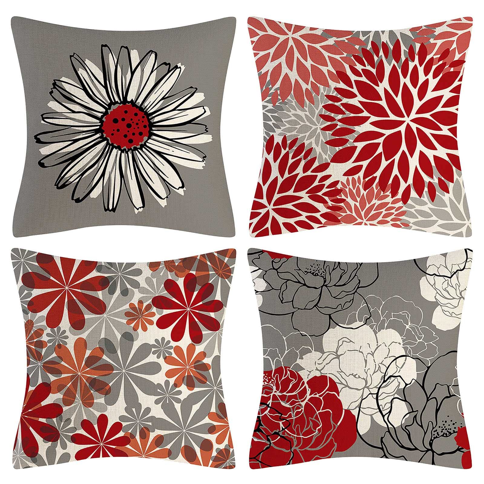Xipoxipdo 4-Piece Red Daisy Print Linen Square Pillow Covers 18x18 Inches (45x45 cm) - Modern Decorative Pillowcases for Sofa, Bed, Car & Outdoor Use - Soft Aqua Blue Cushion Covers for Home Decor and Travel Accessories